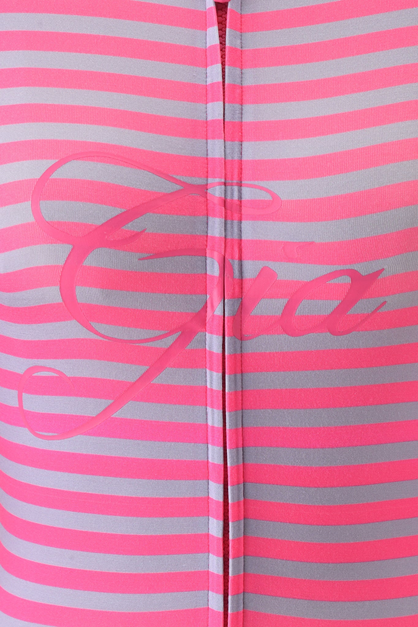The BLARE HOODIE - HOT PINK STRIPE by I.AM.GIA features pink and gray horizontal stripes, "Giro" in pink cursive at the center, a vertical seam down the front, and soft bamboo fabrication for comfort.