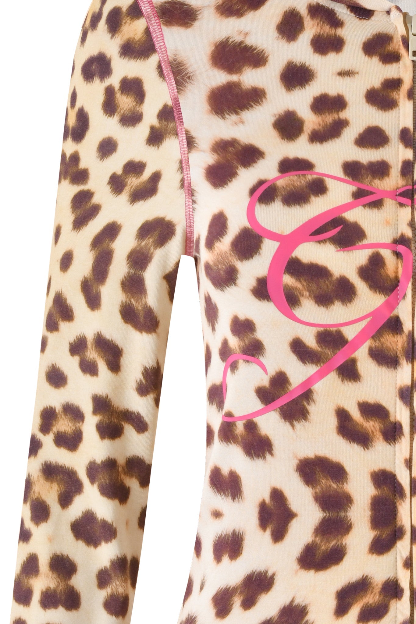Close-up photo of a garment featuring a custom leopard print pattern with shades of brown and beige. The BLARE HOODIE - NEUTRAL : LEOPARD : WILD CARD by I.AM.GIA has pink piping along the sleeve and a pink GIA logo script letter, "G," on the front. Only a portion of the long-sleeve is visible in the image.