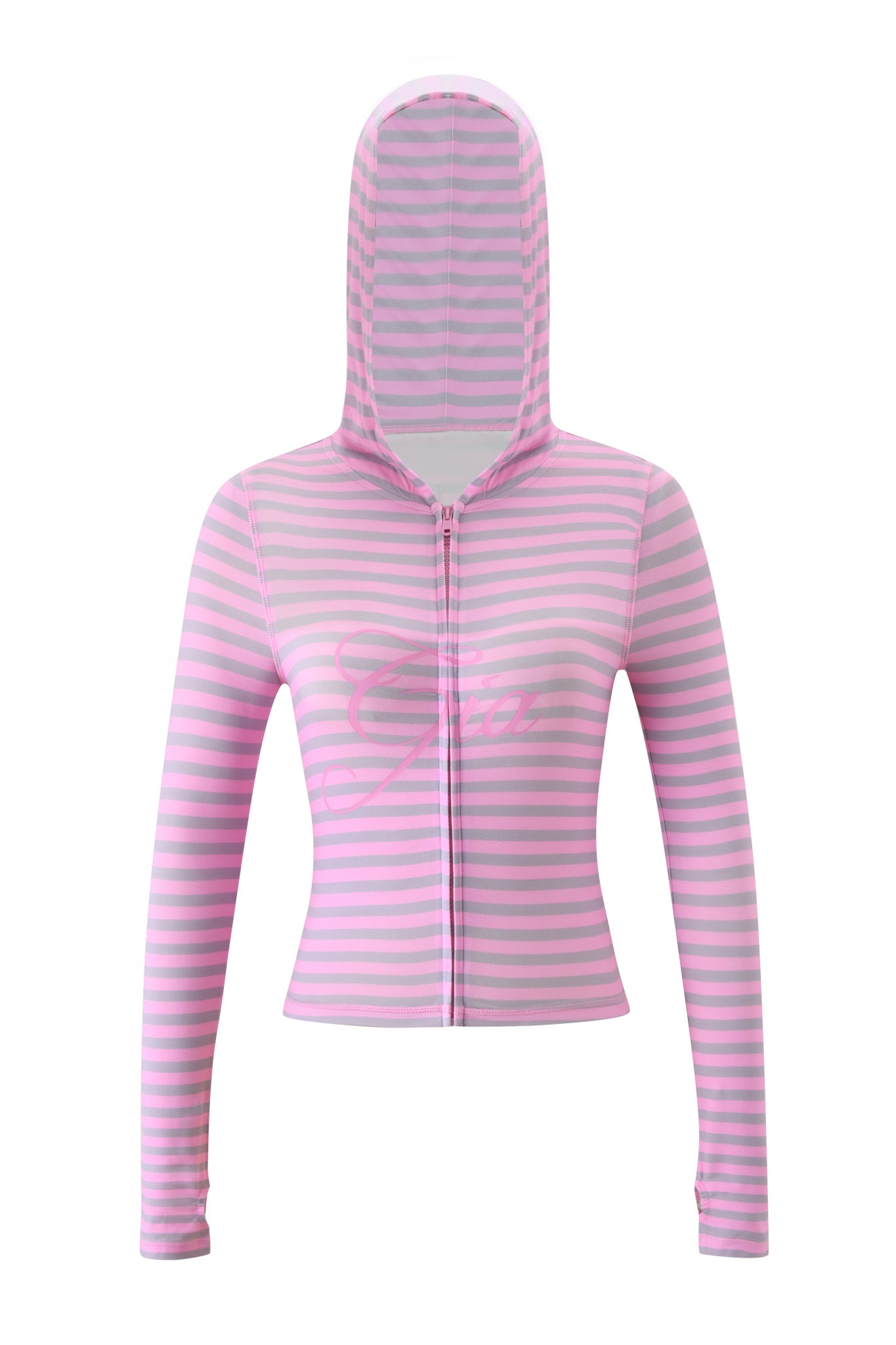 The BLARE HOODIE - LIGHT PINK STRIPE by I.AM.GIA is a cropped, long-sleeve zip-up bamboo hoodie with a hood, featuring semi-sheer horizontal pink and light purple stripes for a trendy, casual look.