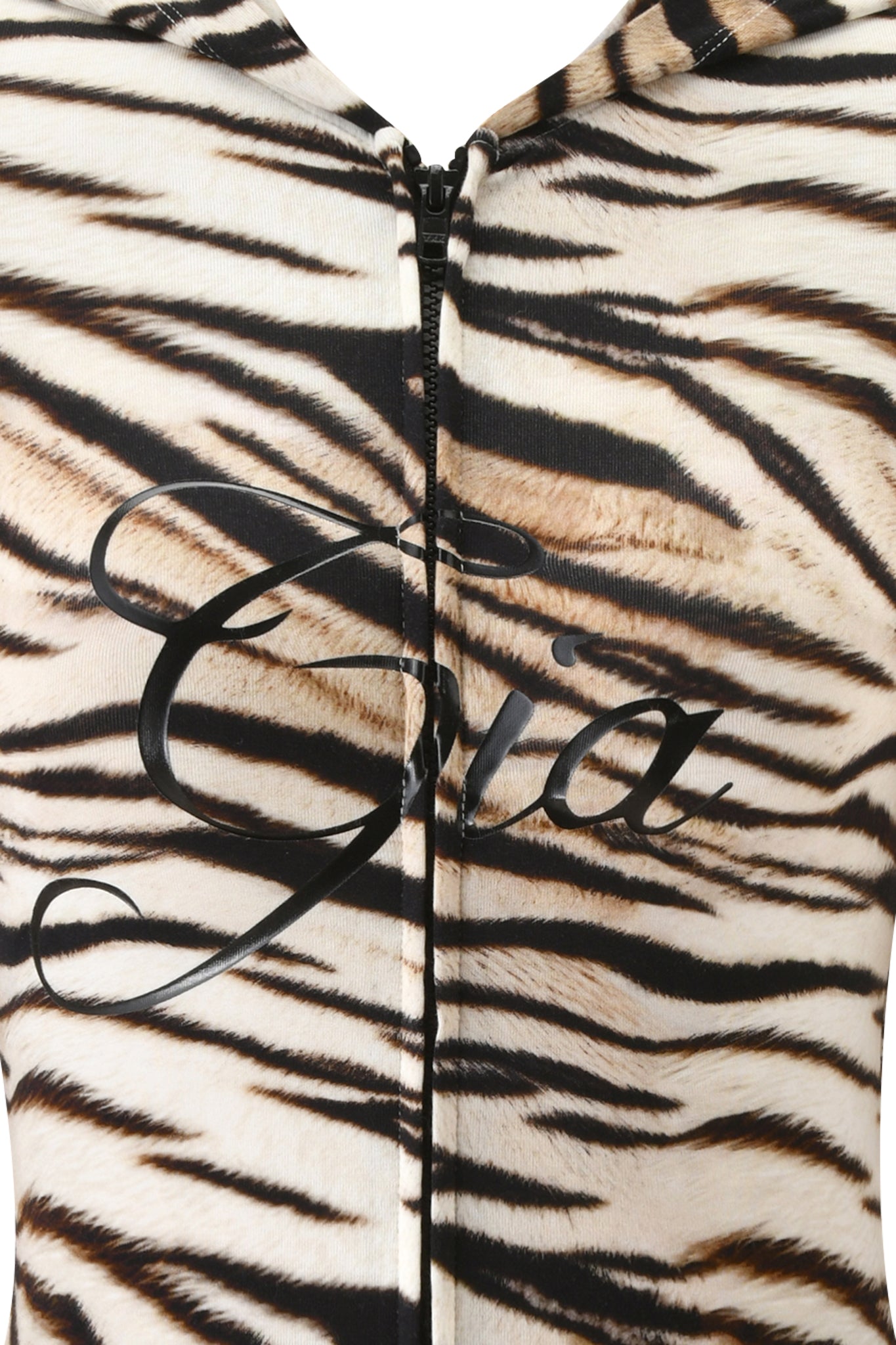 Close-up of the BLARE HOODIE - LIGHT TIGRESS by I.AM.GIA, showcasing a beige and brown print, black zipper, and "Gia" in bold black cursive across the front. Made from soft bamboo fabric for comfort.