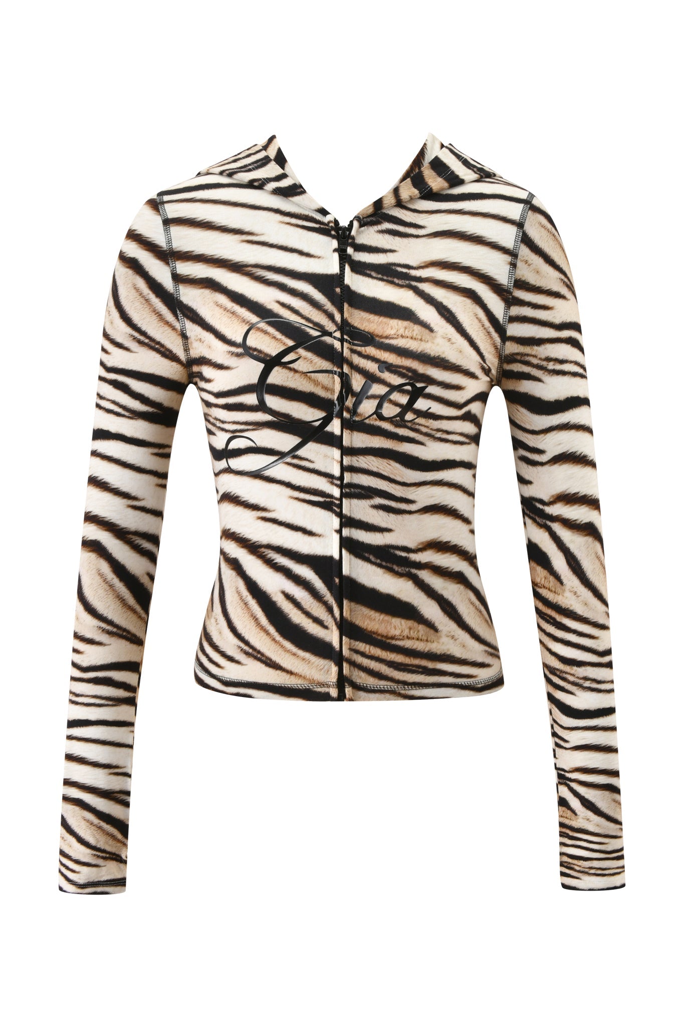 The BLARE HOODIE - LIGHT TIGRESS by I.AM.GIA is a long-sleeve, zip-up hoodie with a black and white stripe print and “Gia” in cursive on the front, crafted from soft bamboo fabric.
