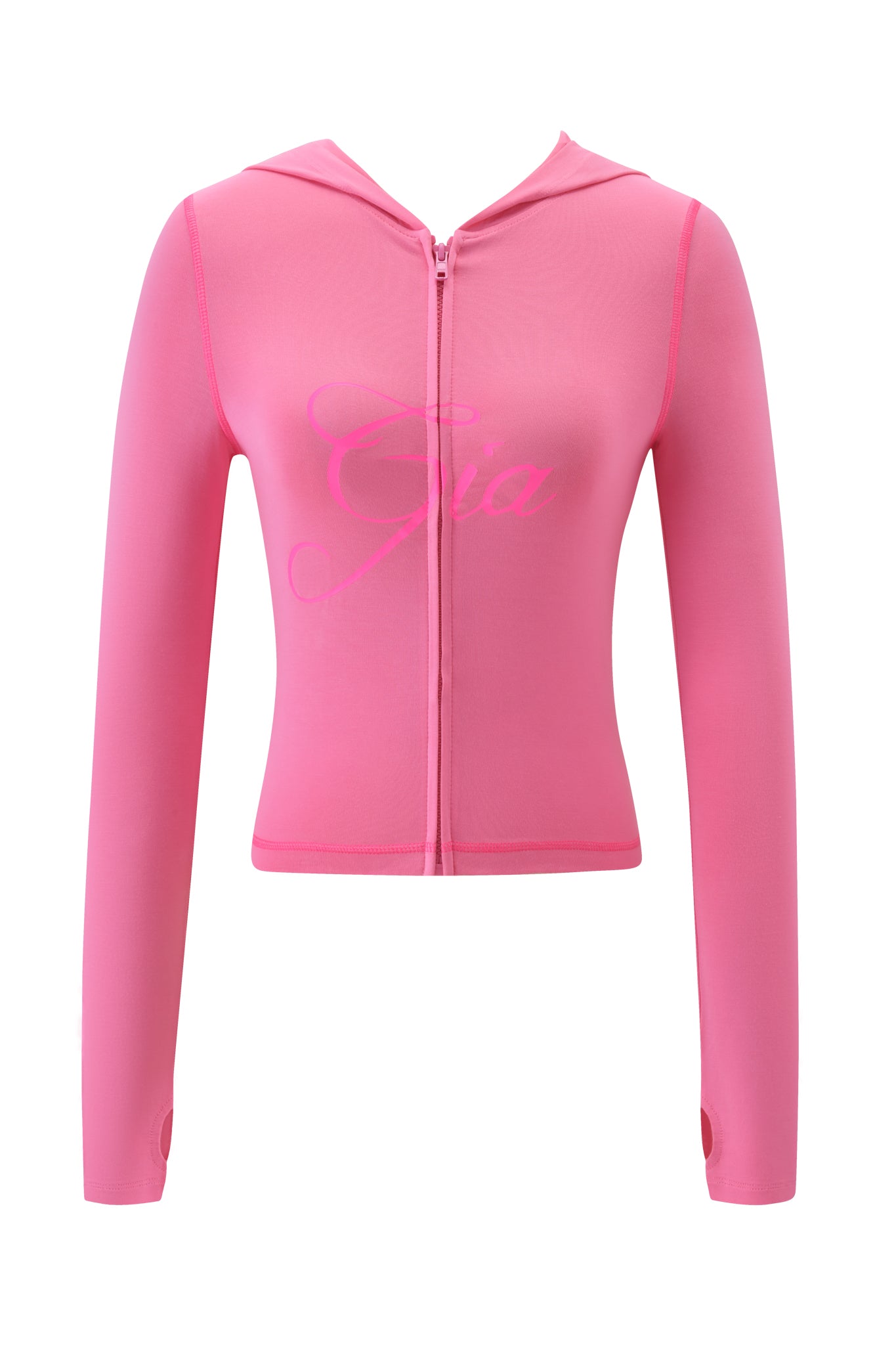 The BLARE HOODIE - NEON PINK by I.AM.GIA is a long-sleeve, cropped neon pink hoodie with a bodycon fit, "Gia" in cursive on the front, and thumb holes for added comfort.