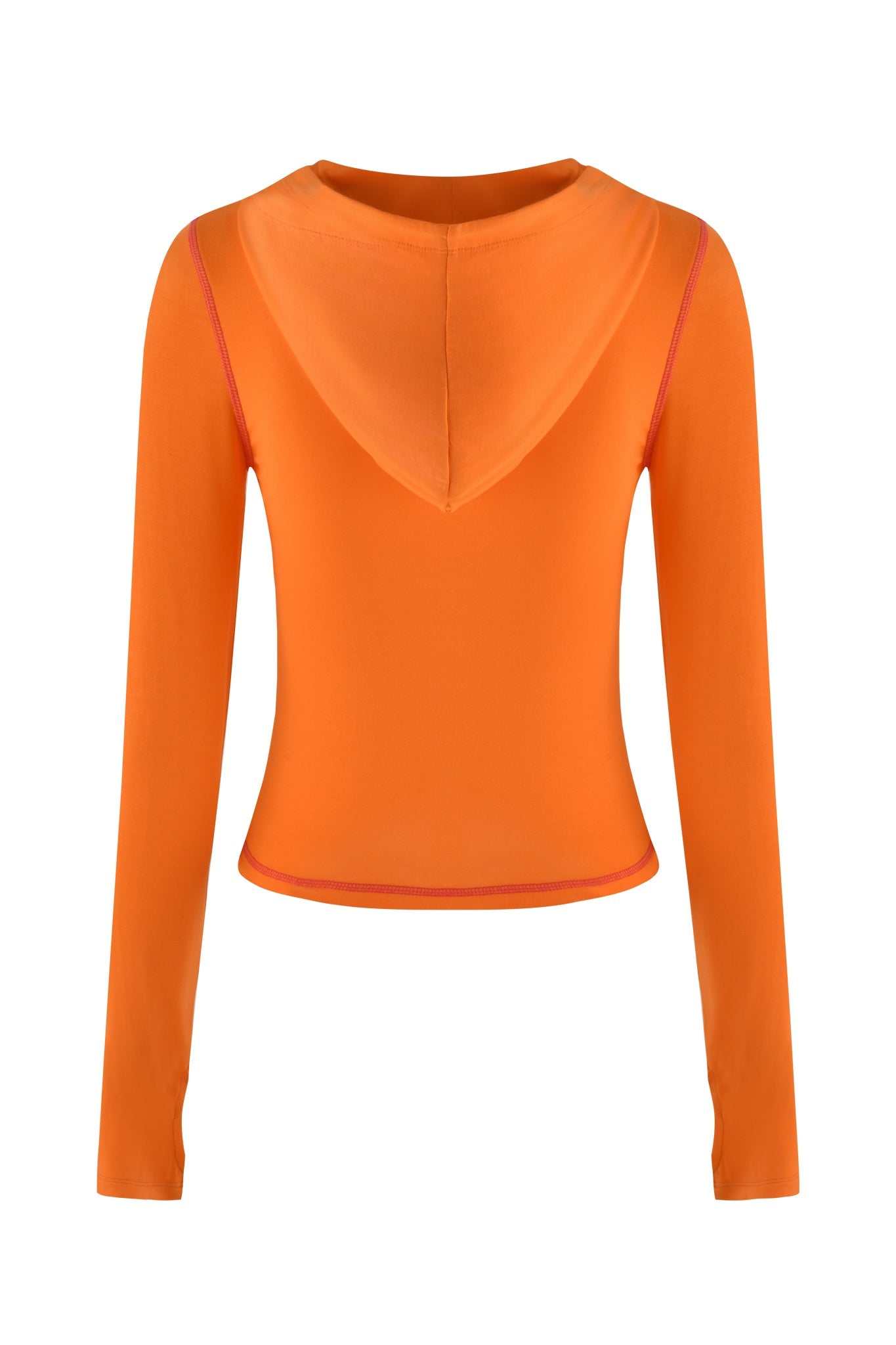 The BLARE HOODIE - ORANGE by I.AM.GIA features a bodycon fit with visible seams and a slightly cropped hem, made from comfortable stretchy bamboo fabric. Viewed from the back, it showcases its long sleeves stylishly.