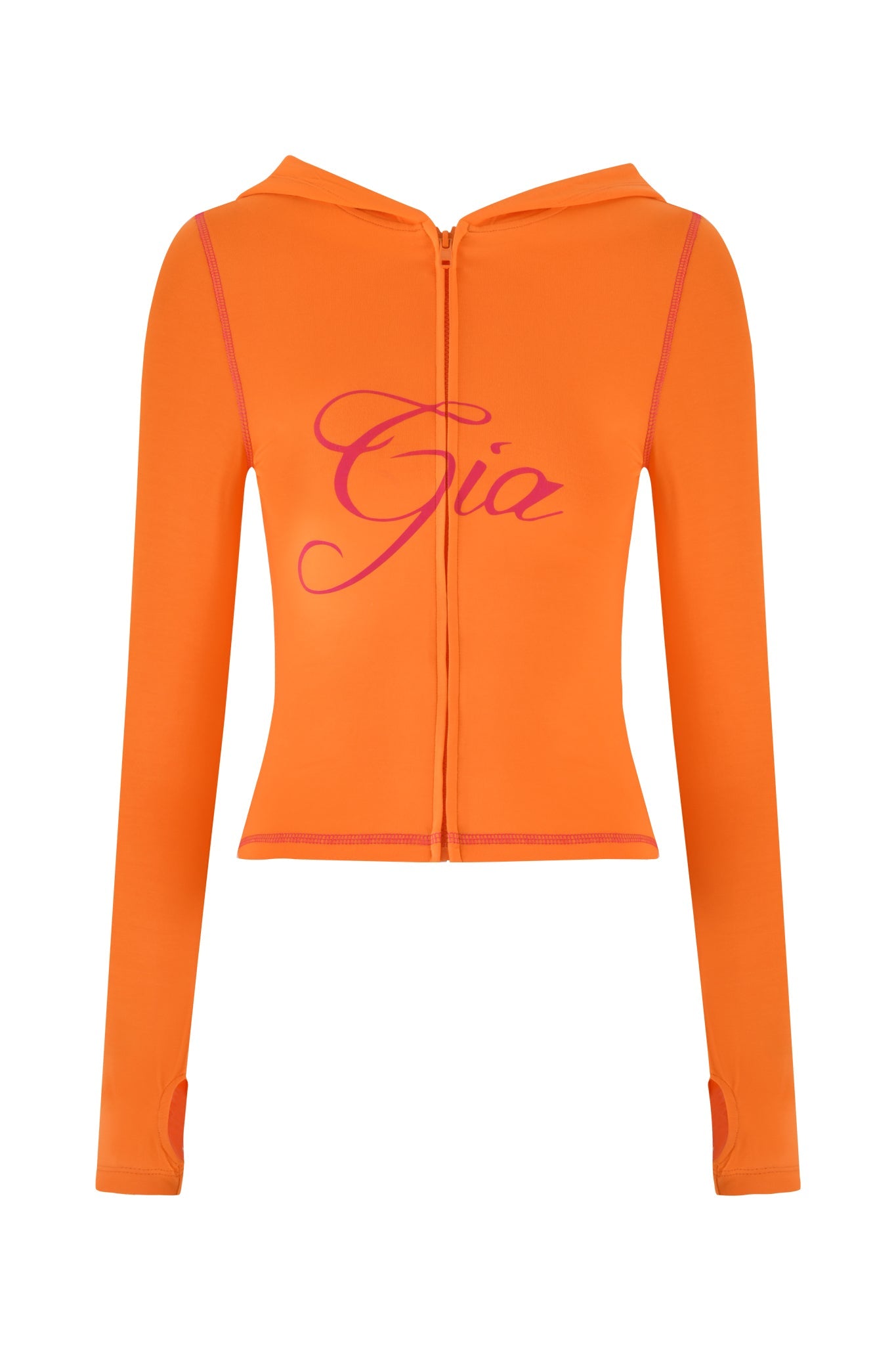 The BLARE HOODIE - ORANGE by I.AM.GIA is a stretchy bamboo, long-sleeve, front-zip hoodie featuring "Gia" in pink cursive across the chest. It includes thumb holes and a slightly fitted waist for a comfortable bodycon silhouette.