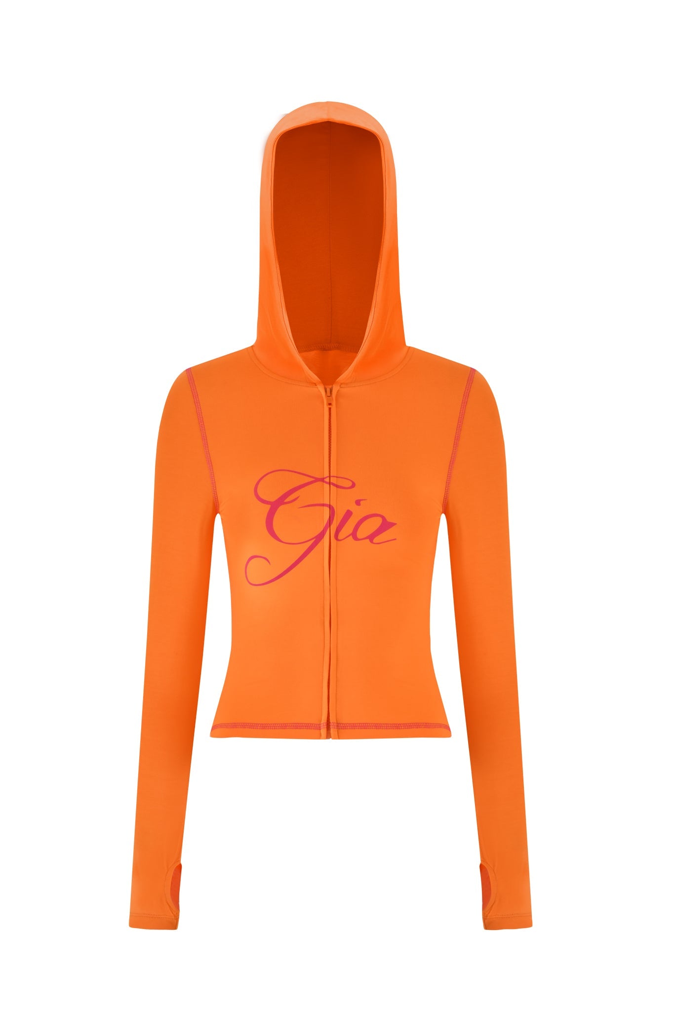 The BLARE HOODIE - ORANGE by I.AM.GIA is a zip-up hoodie with "Gia" in cursive pink on the front. It's crafted from stretchy bamboo, featuring long sleeves with thumb holes and a fitted bodycon silhouette for style and comfort.