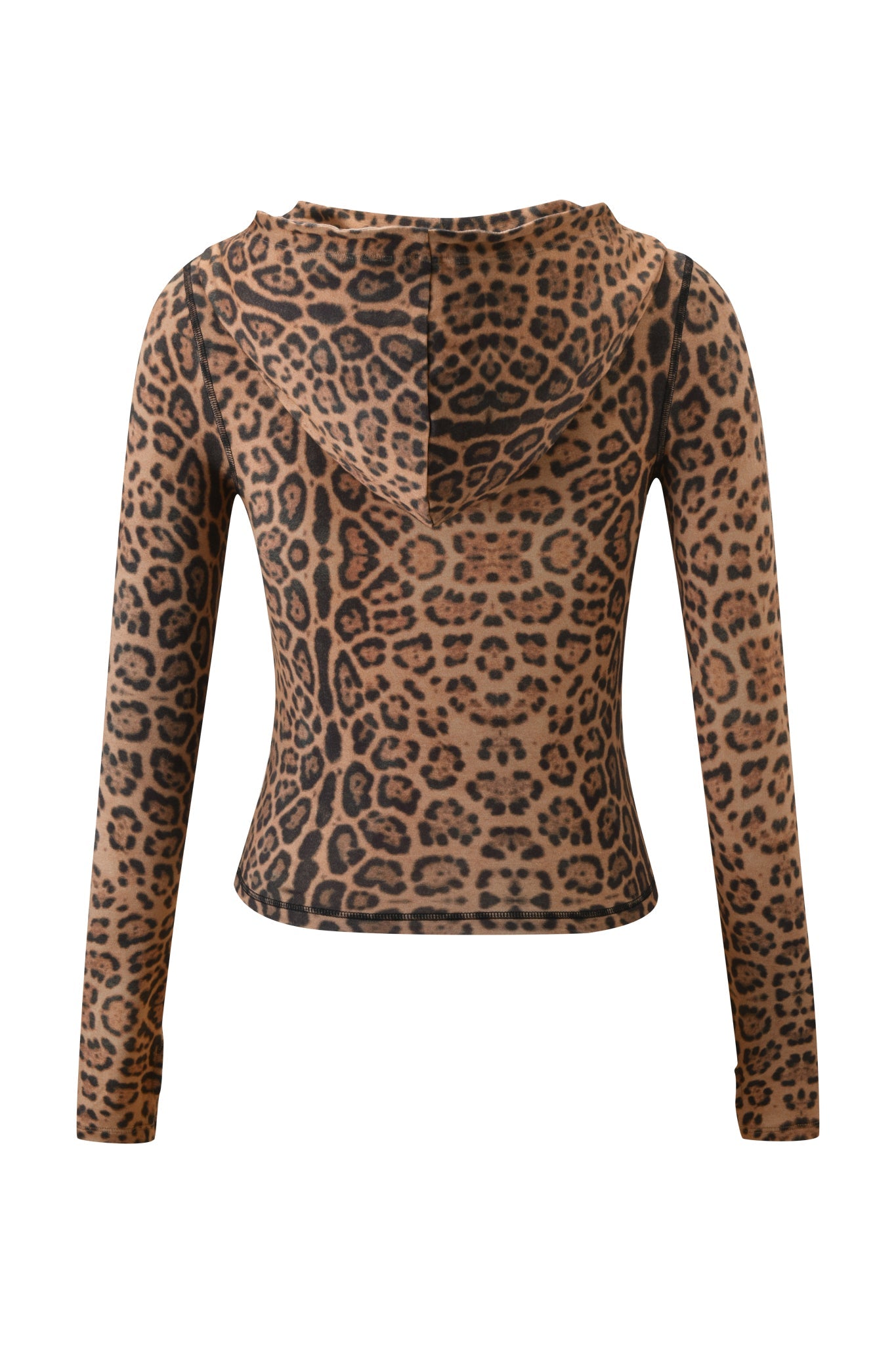 The I.AM.GIA BLARE HOODIE - PANTHERA is a brown, long-sleeve cropped hoodie with a hood and black cheetah print, shown on a white background.