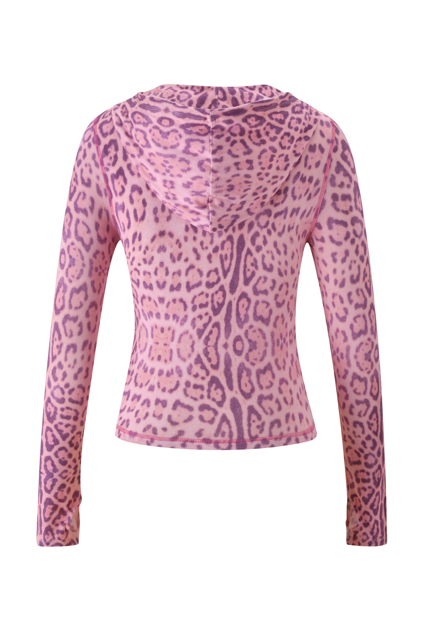 The I.AM.GIA BLARE HOODIE - PINK PANTHERA features long sleeves, a fitted bamboo viscose design, and a pink and purple leopard spot print shown from the back against a white background.