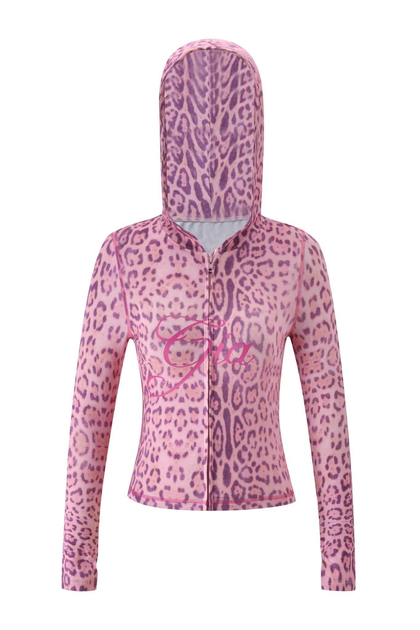 The I.AM.GIA BLARE HOODIE - PINK PANTHERA has long sleeves, a zip-up front, pink and purple leopard spots, and "Sexy" in pink script on the front.