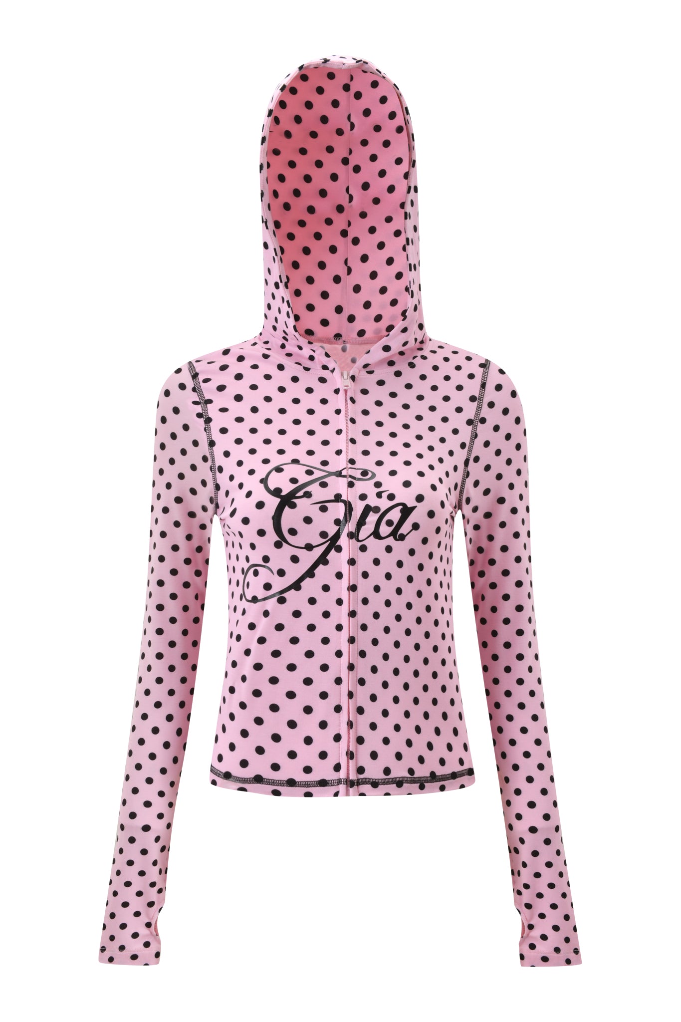The I.AM.GIA BLARE HOODIE - PINK POLKA DOT features pink and black polka dots, long sleeves, soft bamboo fabric, and "Gia" in black script on the front. The hoodie is shown against a white background.