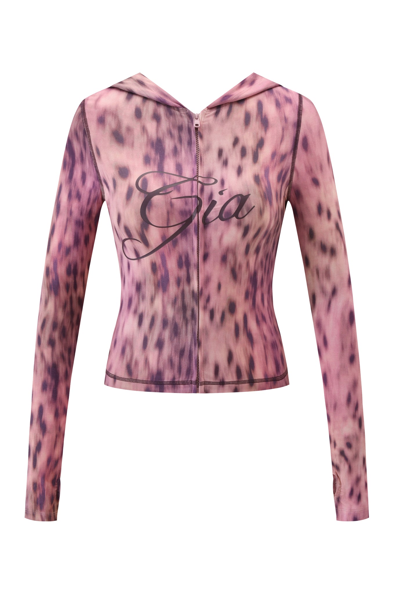 The BLARE HOODIE - PINK BLURRED CHEETAH by I.AM.GIA is a long-sleeve, sheer, pink and purple cheetah-print hoodie with a front zipper and "Gia" in cursive across the chest.