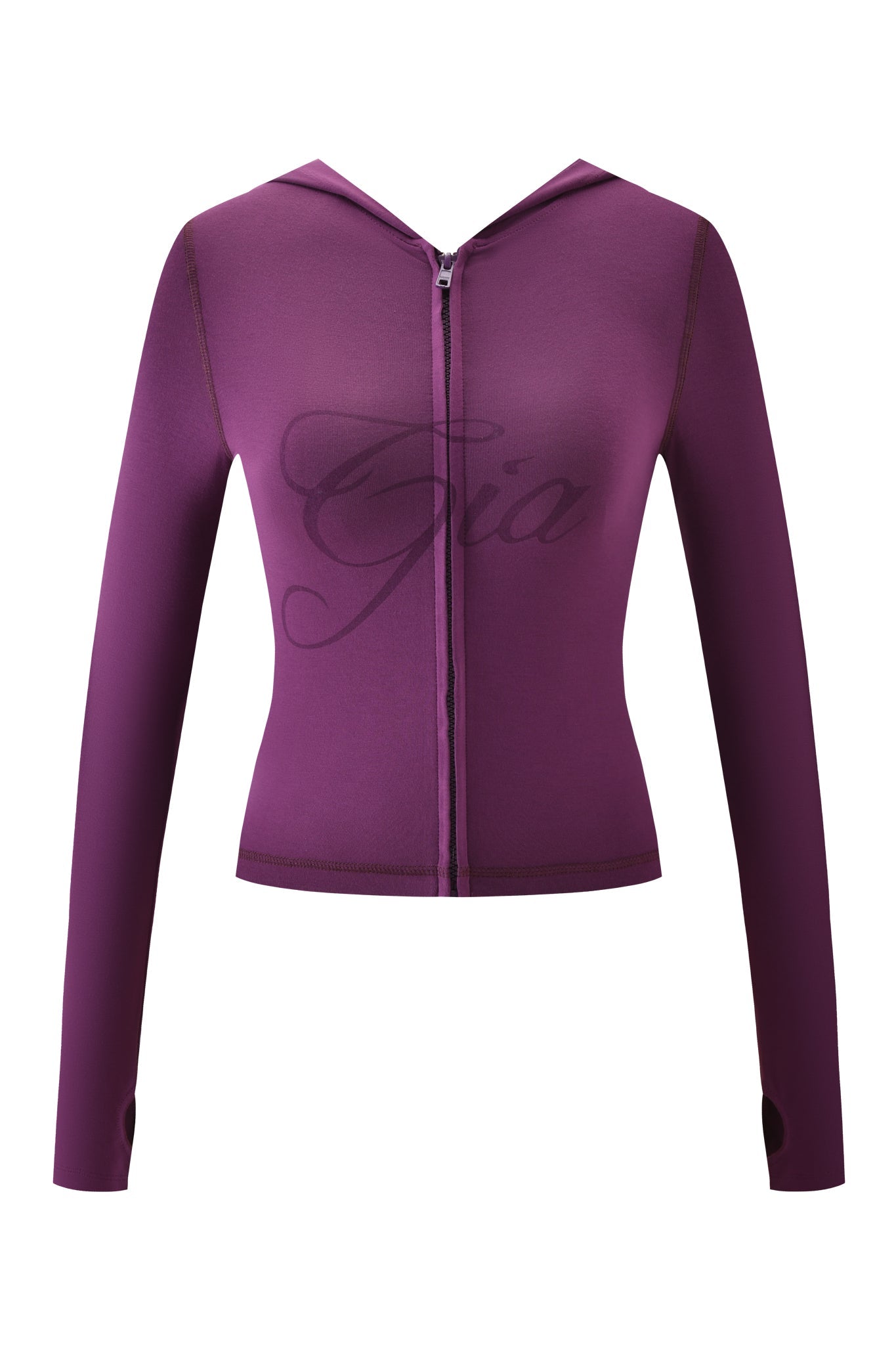 The BLARE HOODIE - PLUM by I.AM.GIA is a fitted, long-sleeve purple hoodie featuring thumb holes and "Gia" script across the chest, blending everyday comfort with standout style.