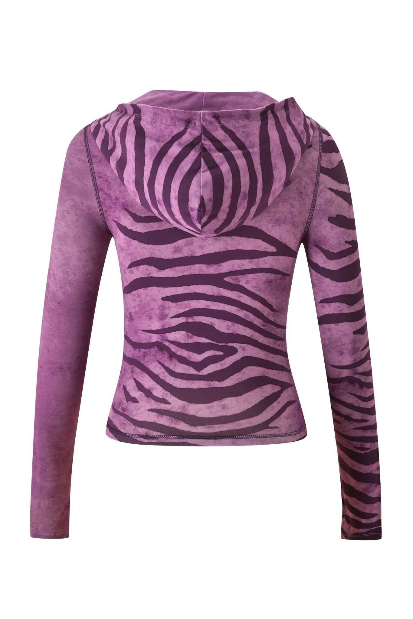 The BLARE HOODIE - PLUM WILD SIDE by I.AM.GIA features a fitted, long-sleeve design with purple and black zebra stripes in a faded tie-dye style—perfect for showing off your wild side. Shown from the back.
