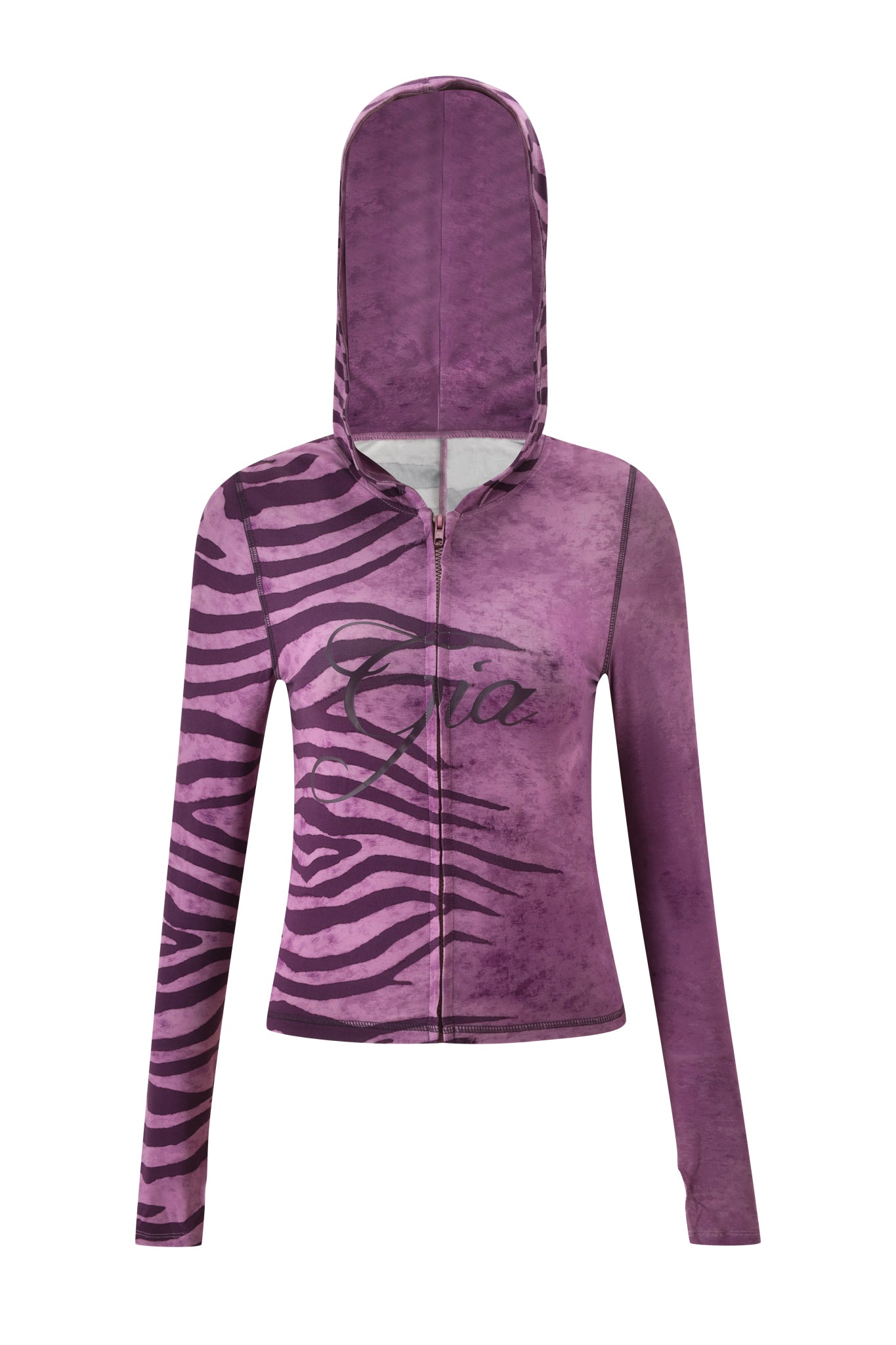 The I.AM.GIA BLARE HOODIE - PLUM WILD SIDE features a zebra print on one side, plain purple on the other, "Gia" printed across the chest, and is shown with the hood up and sleeves extended.