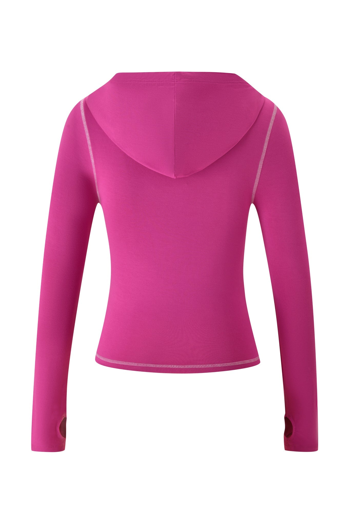 The BLARE HOODIE - RASPBERRY by I.AM.GIA is shown from the back. This bright pink, long-sleeved hoodie has a fitted look, visible seam details, and thumb holes. The background is plain white.