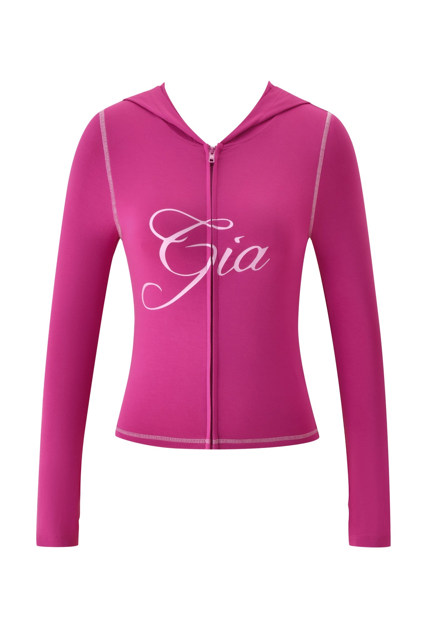 The BLARE HOODIE - RASPBERRY by I.AM.GIA is a fitted, long-sleeve zip-up hoodie in bright pink with white stitching, "Gia" in large white script on the front, a v-shaped neckline, and no visible brand tag.