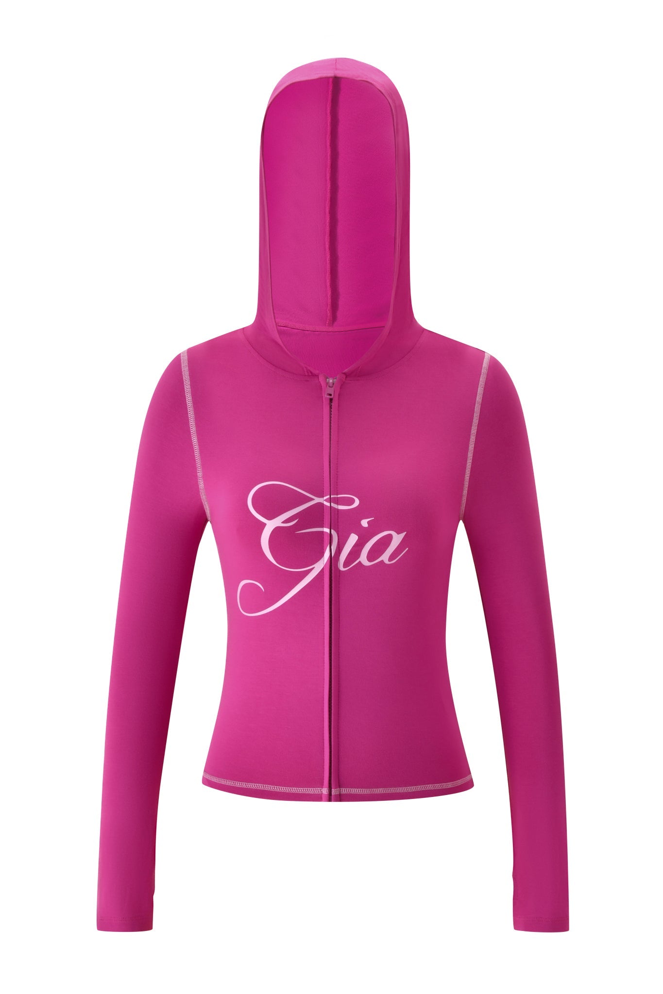 The I.AM.GIA BLARE HOODIE - RASPBERRY is a bright pink, long-sleeve zip-up hoodie with a hood, white stitching, and "Gia" in large, cursive white letters across the chest.