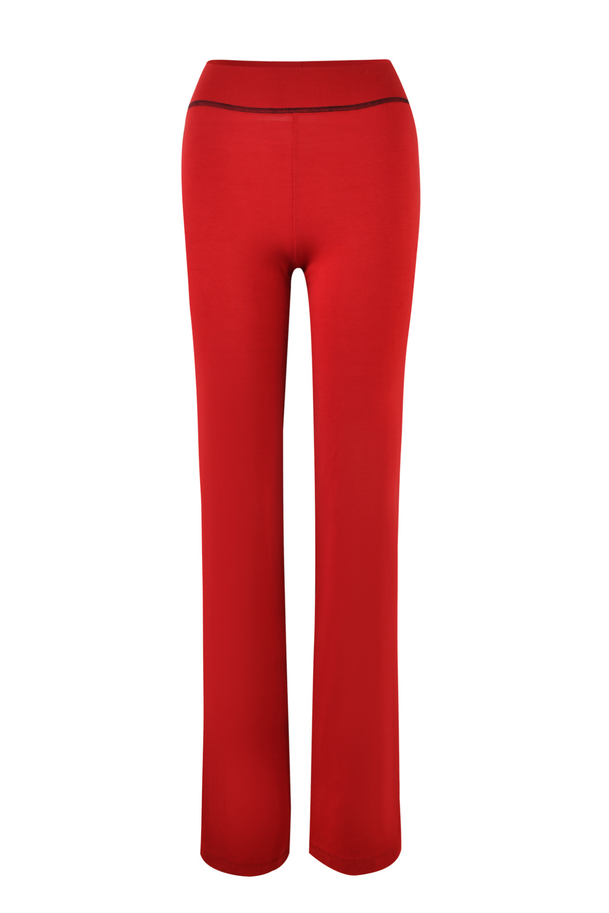 The BLARE TRACKPANT - RED by I.AM.GIA features a bright red hue and high-waisted silhouette with a slight flare at the hem. Crafted from breathable bamboo fabrication, these women’s pants showcase a simple design highlighted by a thin black waistband detail and are displayed on a white background.