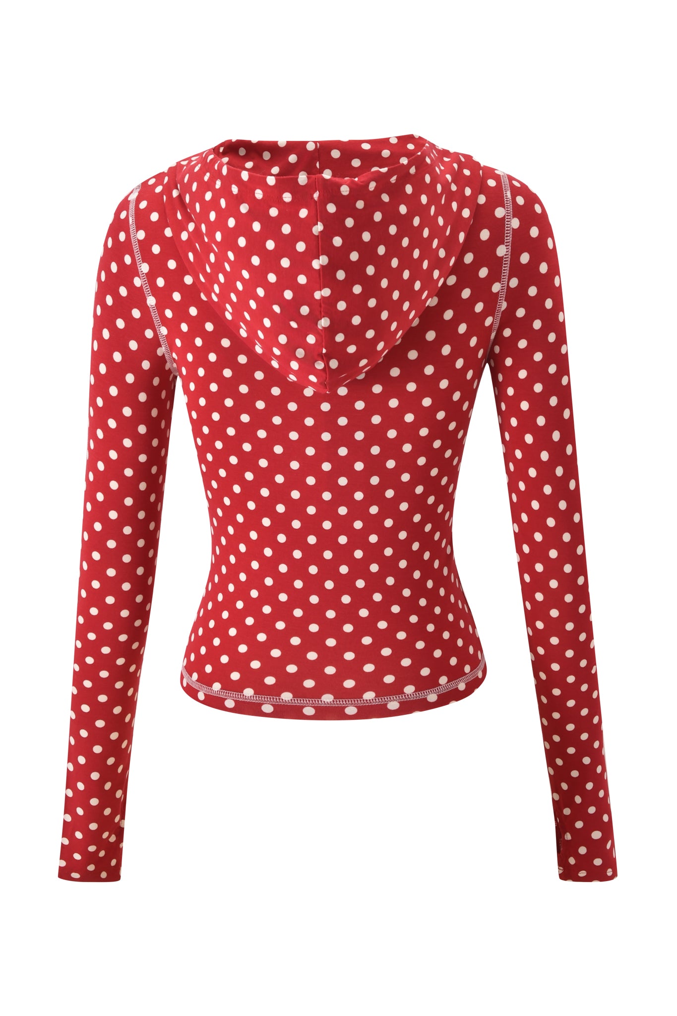 The I.AM.GIA BLARE HOODIE - RED POLKA DOT features long sleeves, a fitted design, and is made from soft bamboo fabric. Shown from the back, it displays a bold white polka dot pattern for a playful look.