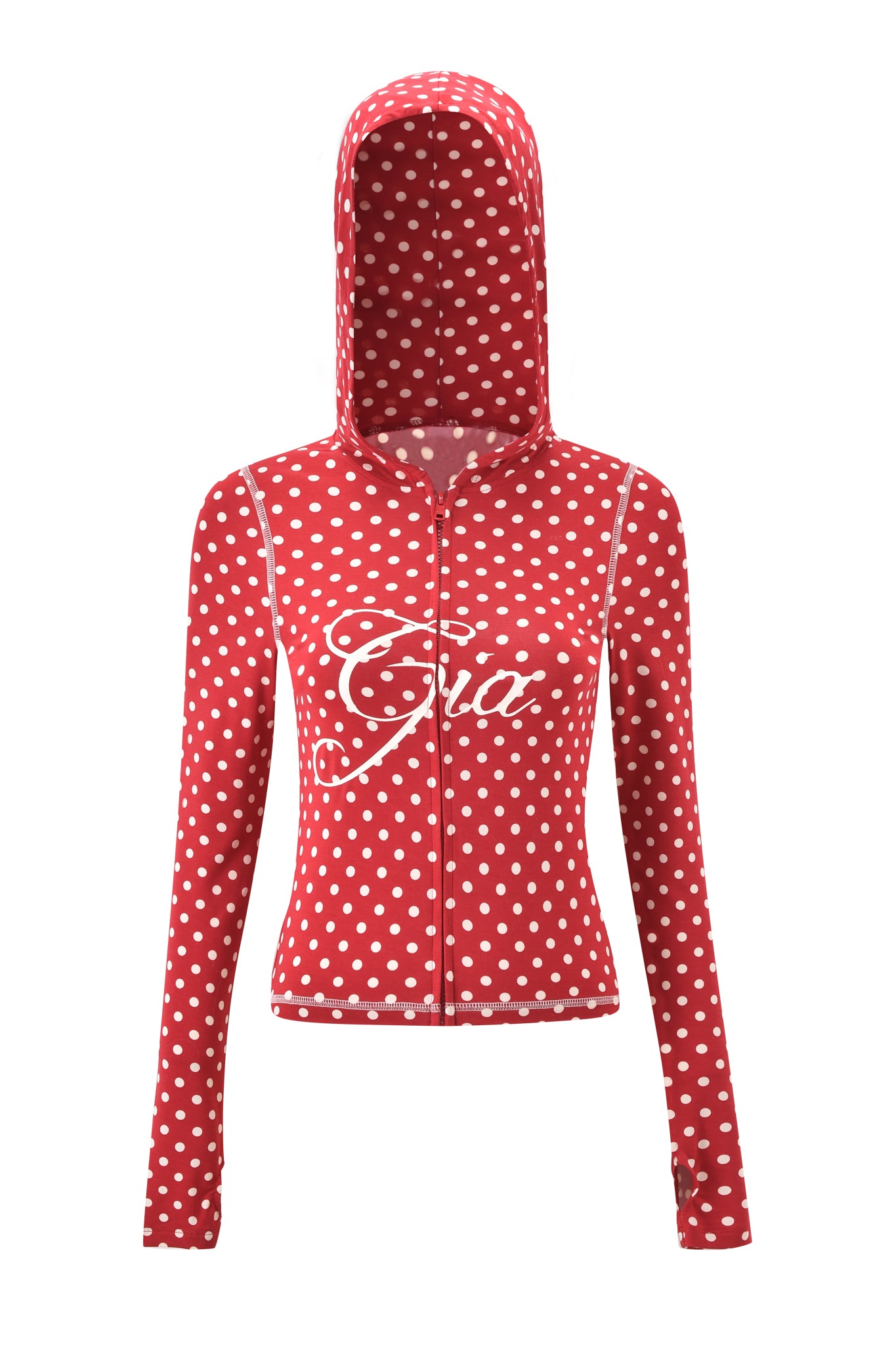 The BLARE HOODIE - RED POLKA DOT by I.AM.GIA features long sleeves, a zip-up front, white polka dots and piping, plus “Gia” script across the chest. Shown with the hood up on a white background.