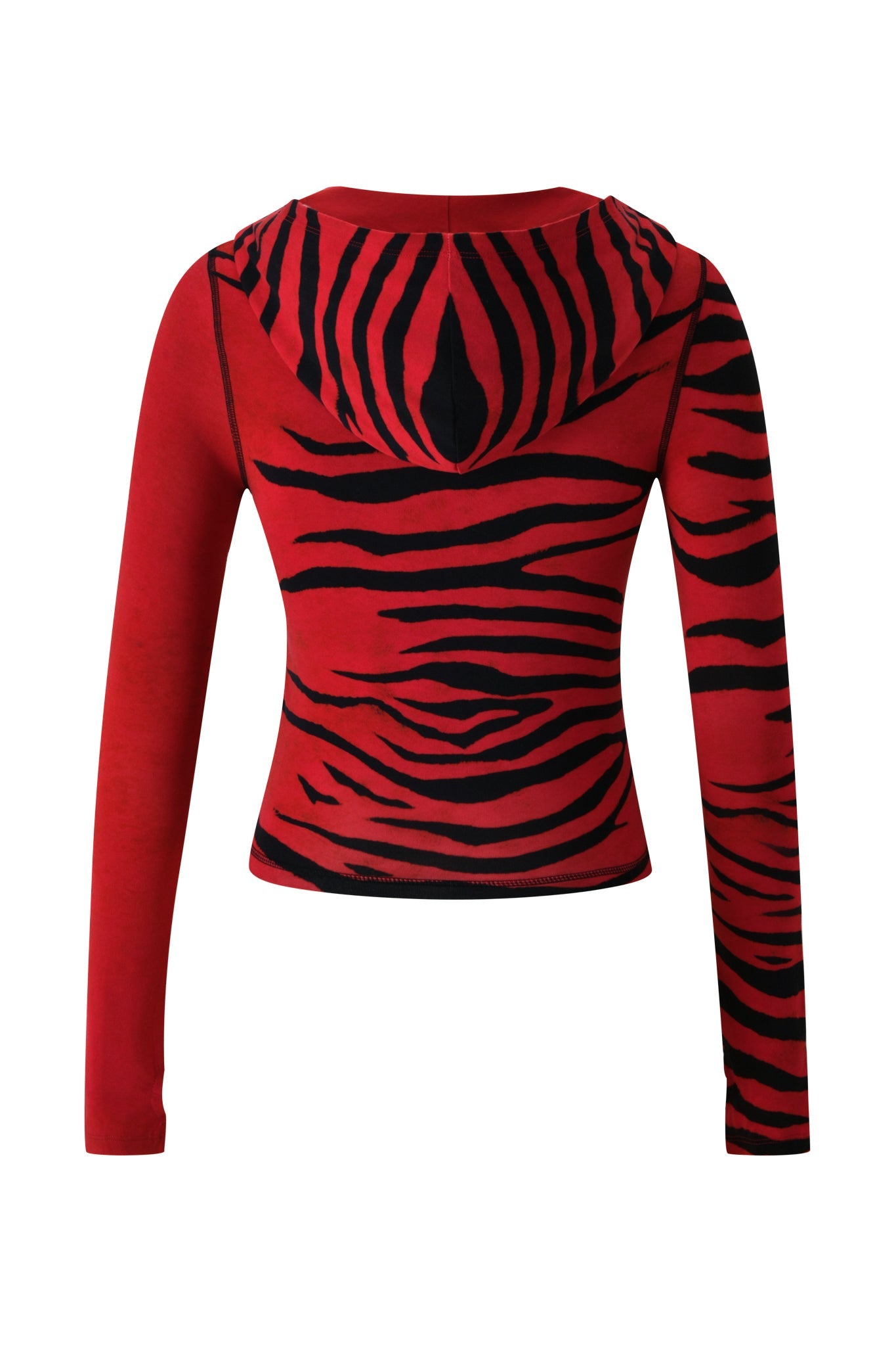 The BLARE HOODIE - RED WILD SIDE by I.AM.GIA is a red long-sleeve hoodie featuring bold black tiger stripes, shown from the back. Showcasing the signature Red Wild Side print, both the hood and right sleeve highlight the striking stripe pattern for an animal-inspired aesthetic. Made from soft bamboo fabric, this hoodie delivers a perfect blend of comfort and standout style.