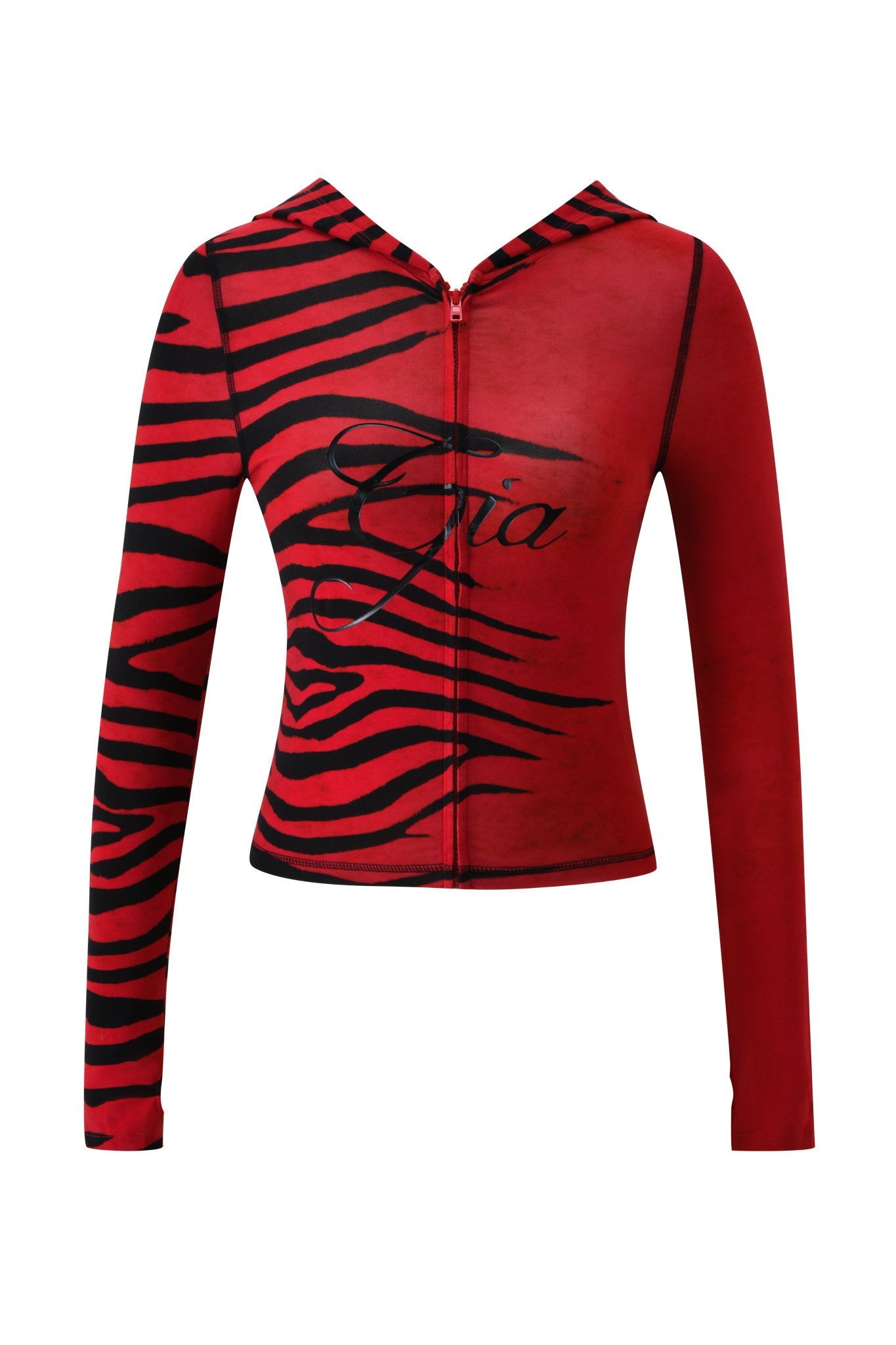 The I.AM.GIA BLARE HOODIE - RED WILD SIDE is a fitted, long-sleeve zip-up hoodie in red, featuring black tiger stripes and “Gia” scripted across the chest. This bold design includes a hood and a slightly cropped length for a striking look.