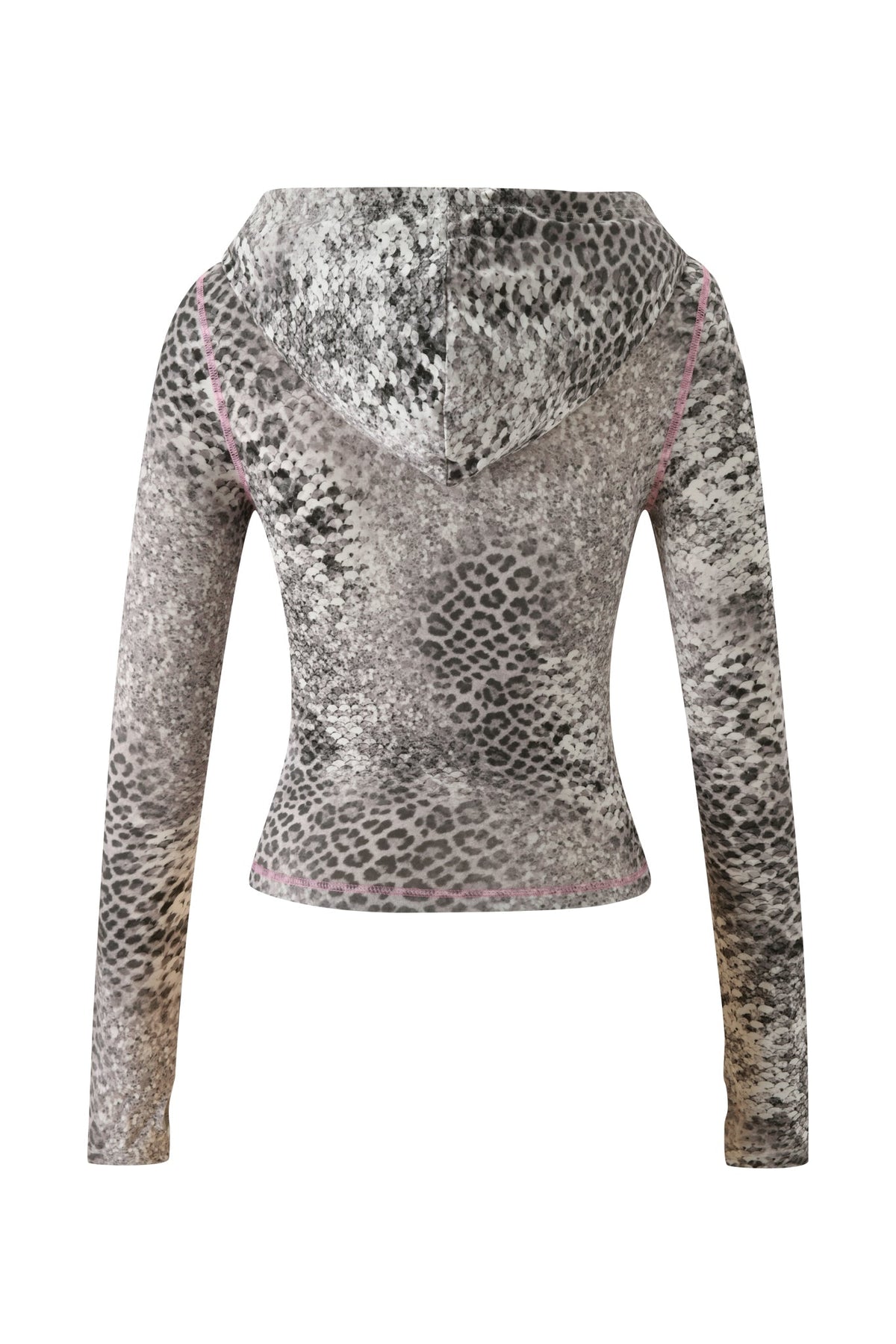 Back view of the I.AM.GIA BLARE HOODIE - SILVER LUXE LEOPARD, a long-sleeved, hooded zip-up jacket in a grey and black leopard print with visible pink seam detailing.