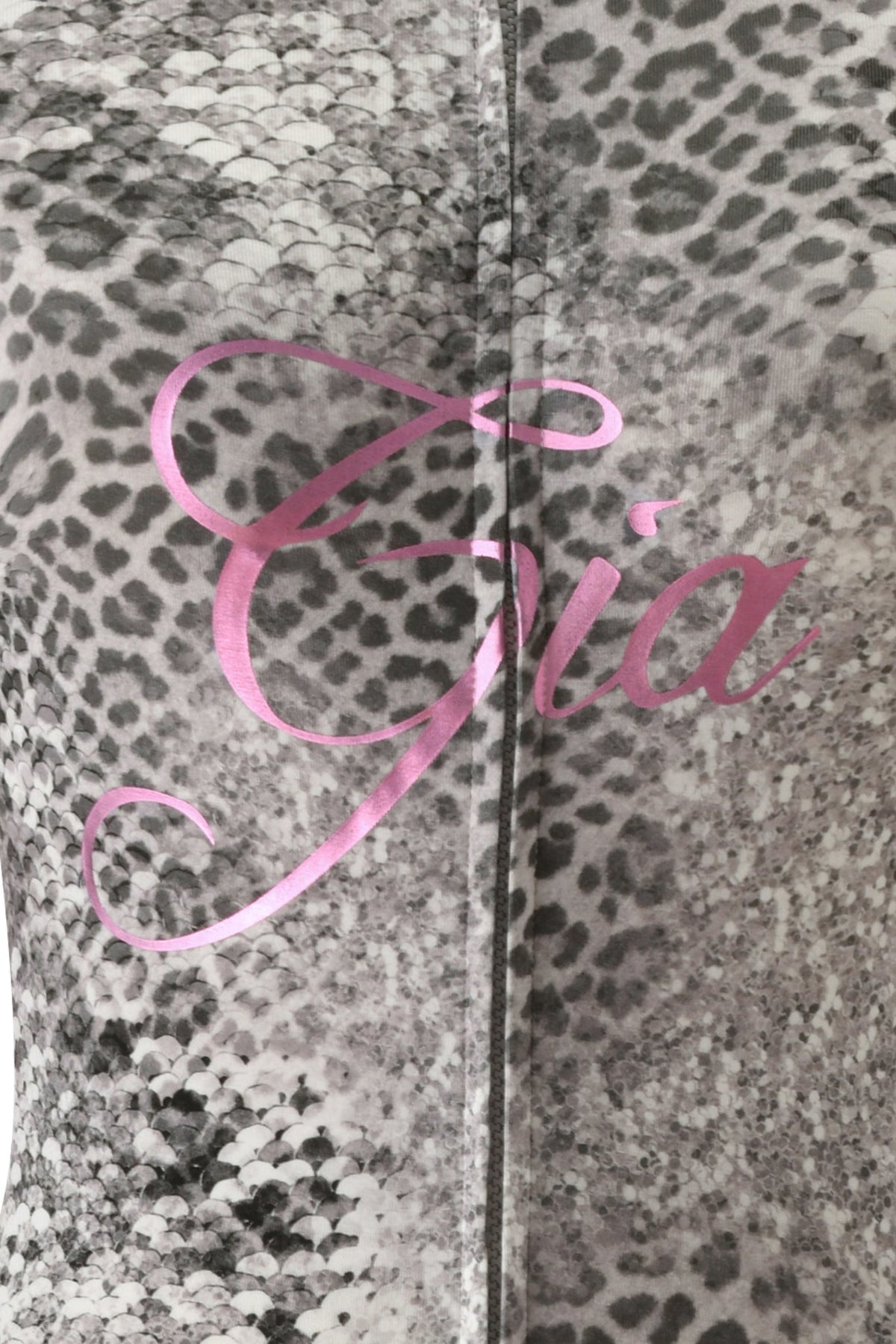 Grey and white BLARE HOODIE - SILVER LUXE LEOPARD by I.AM.GIA with a pink cursive logo on the chest.