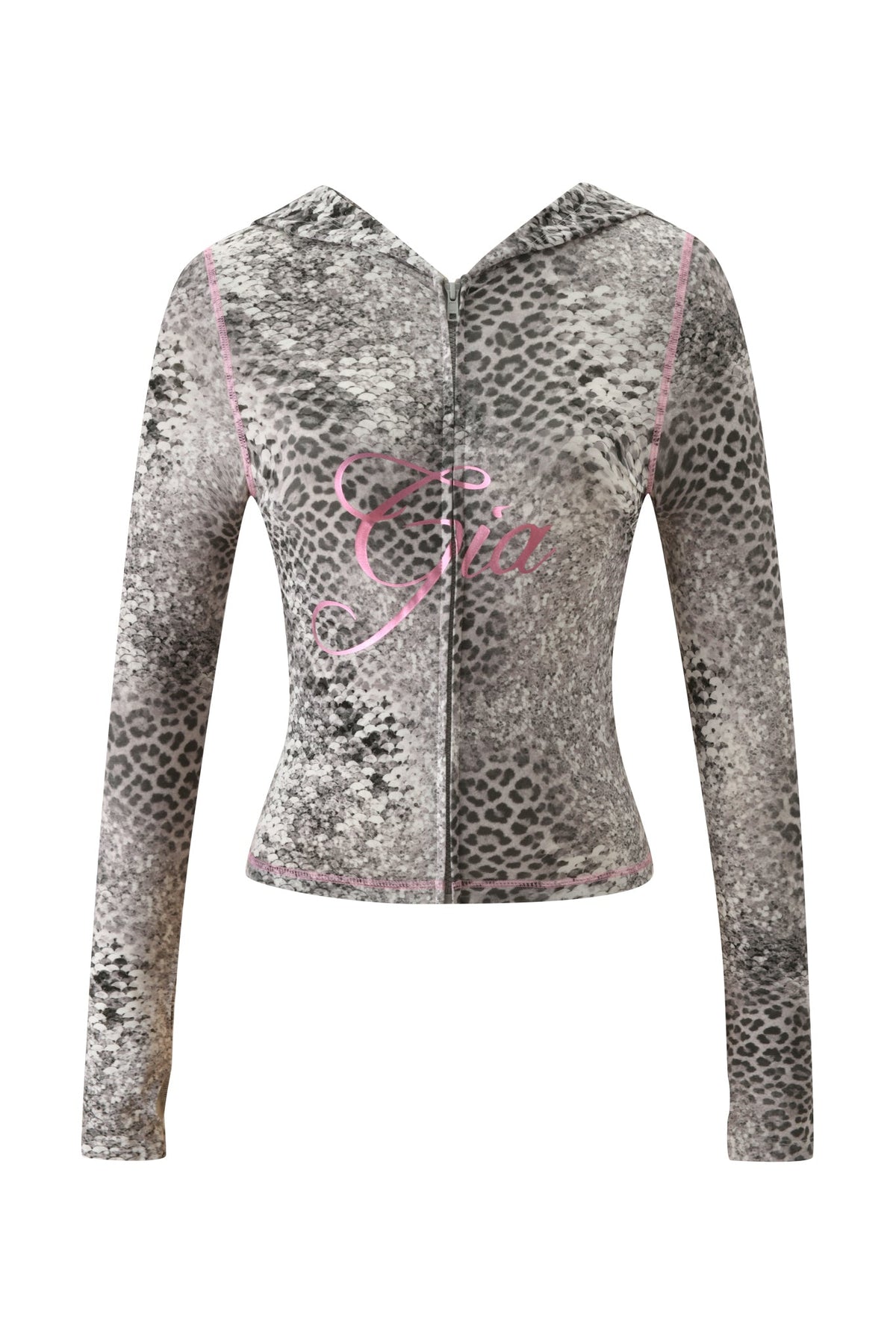 I.AM.GIA BLARE HOODIE - SILVER LUXE LEOPARD long-sleeved, zip-up hoodie featuring a grey leopard print and a pink script logo on the chest.
