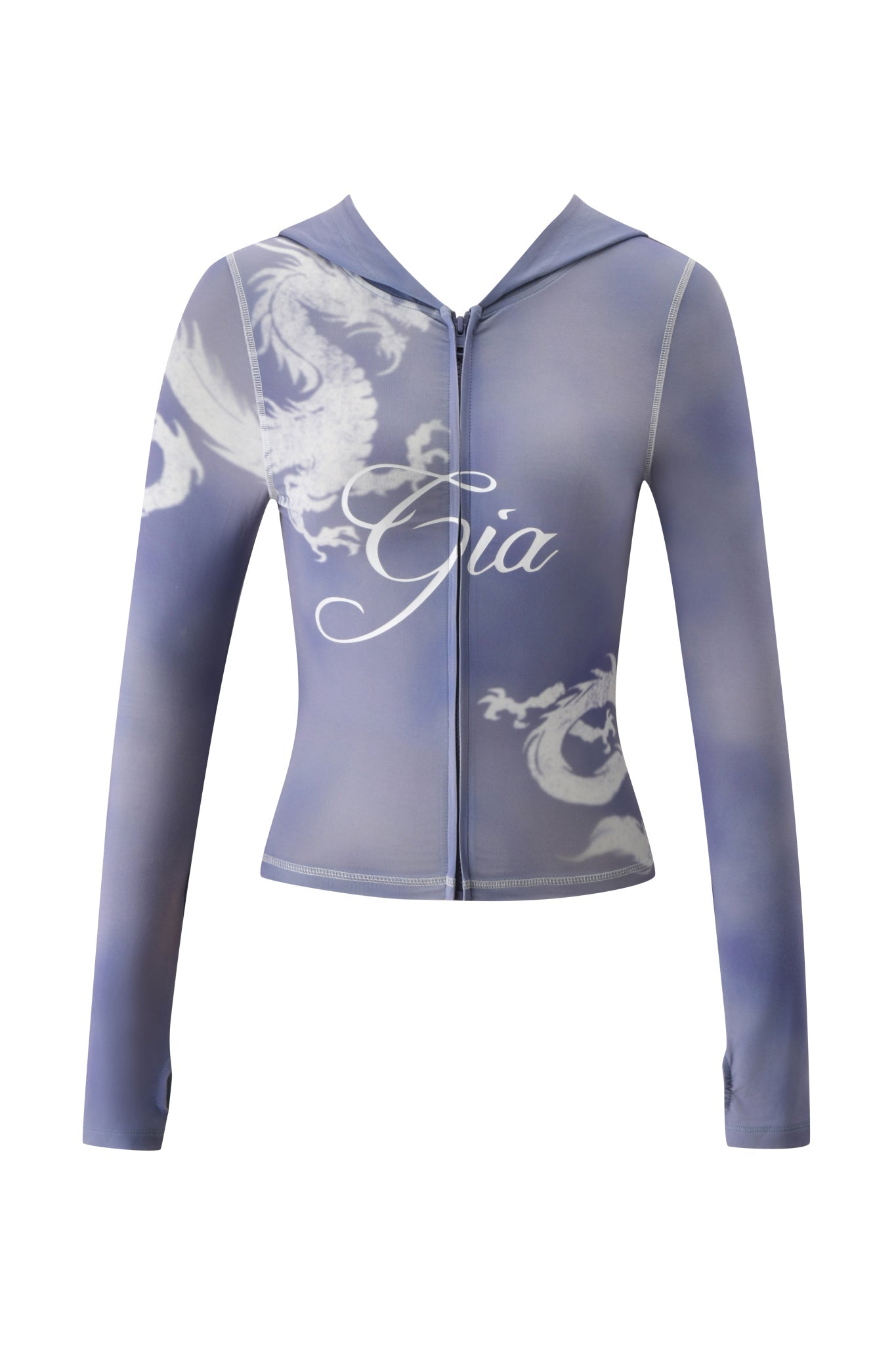 The BLARE HOODIE - STEEL BLUE DRAGON by I.AM.GIA is a fitted, long-sleeve zip-up hoodie featuring a striking steel blue and white gradient, bold dragon designs, and “Gia” printed on the front.