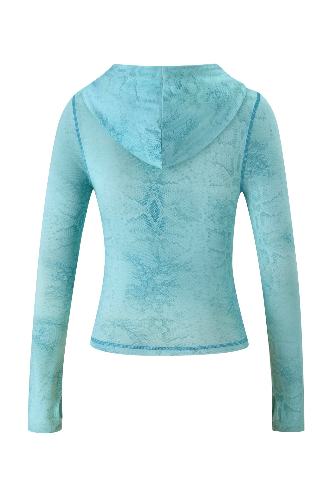 The I.AM.GIA BLARE HOODIE - TEAL SERPENTINE is a light blue, long-sleeve, hooded crop top with a subtle teal snakeskin pattern, fitted sleeves, and a slightly sheer look. Shown from the back.