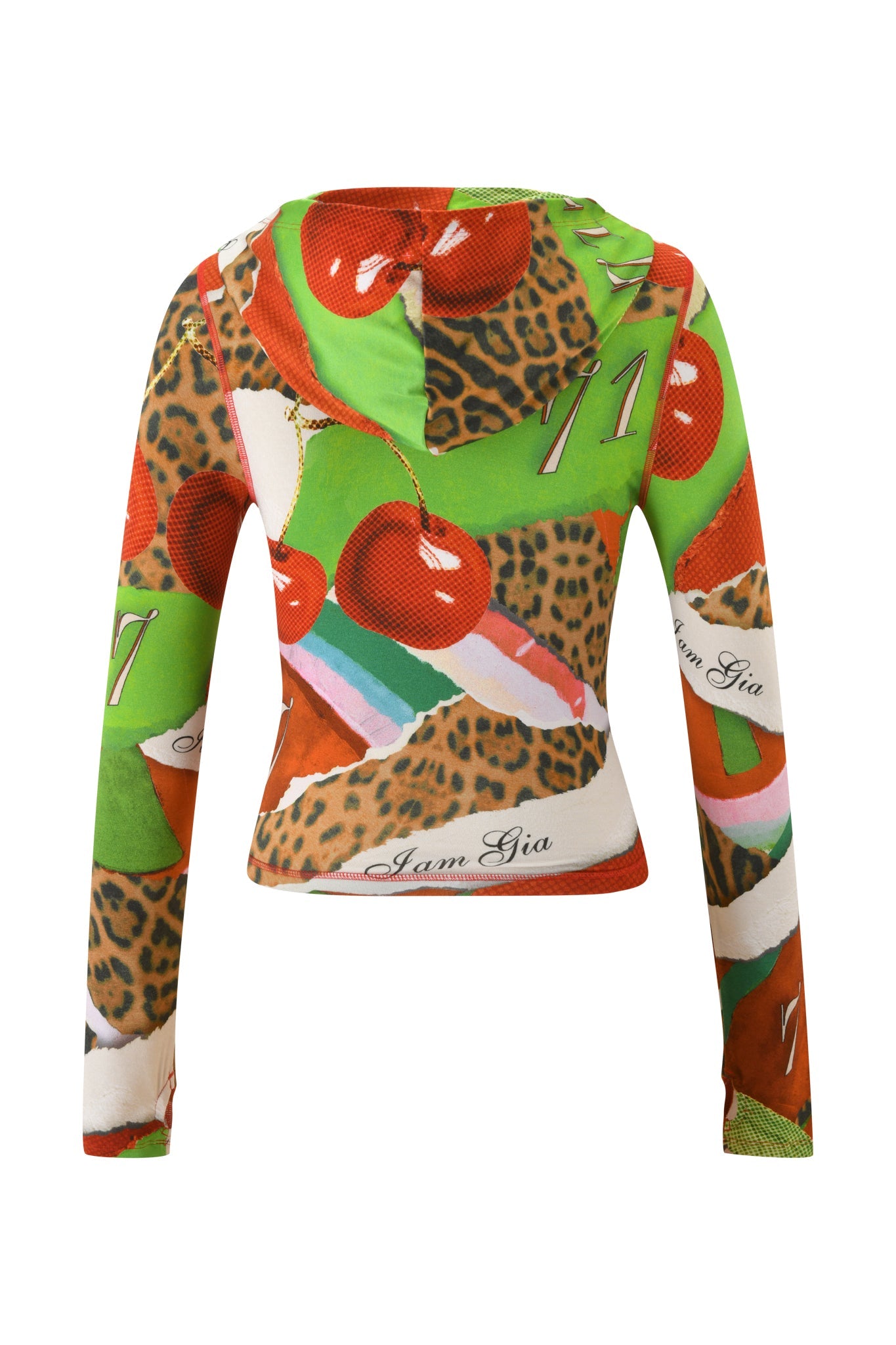 The BLARE HOODIE - WILD CHERRY by I.AM.GIA features long sleeves, a bold Wild Cherry print with animal patterns, green panels, and "I.AM.GIA" logos throughout. Vibrant textures and motifs create a standout look.