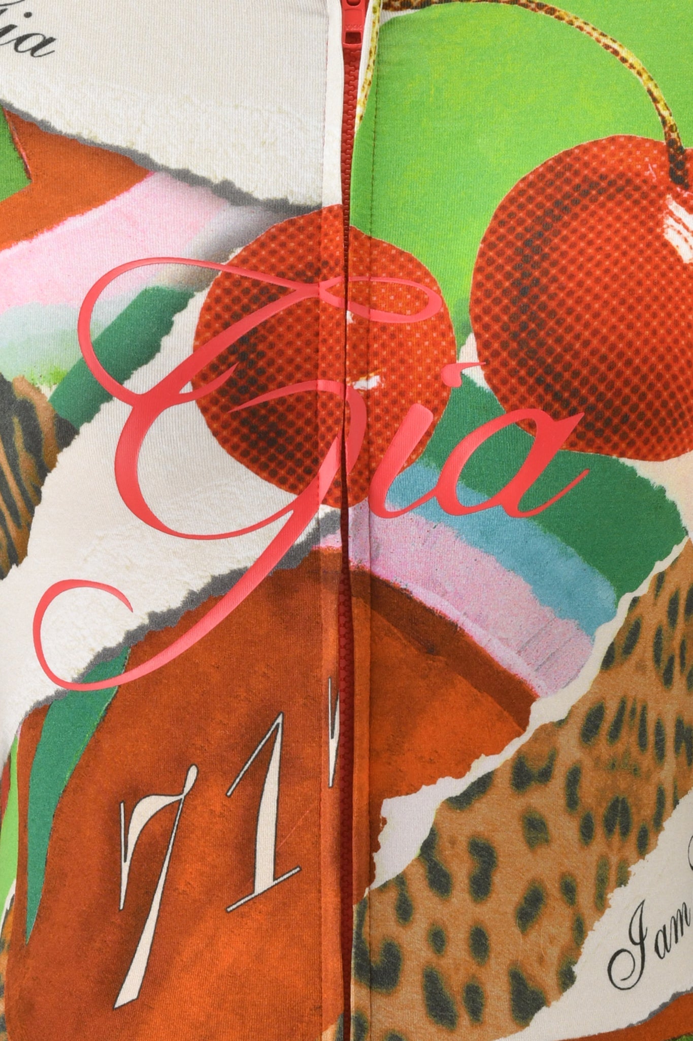 A vibrant collage for the I.AM.GIA BLARE HOODIE - WILD CHERRY features “Gia” in pink script, a red cherry, leopard print, torn paper edges, “71,” and textures from the Wild Cherry pattern in green, brown, orange, and white.
