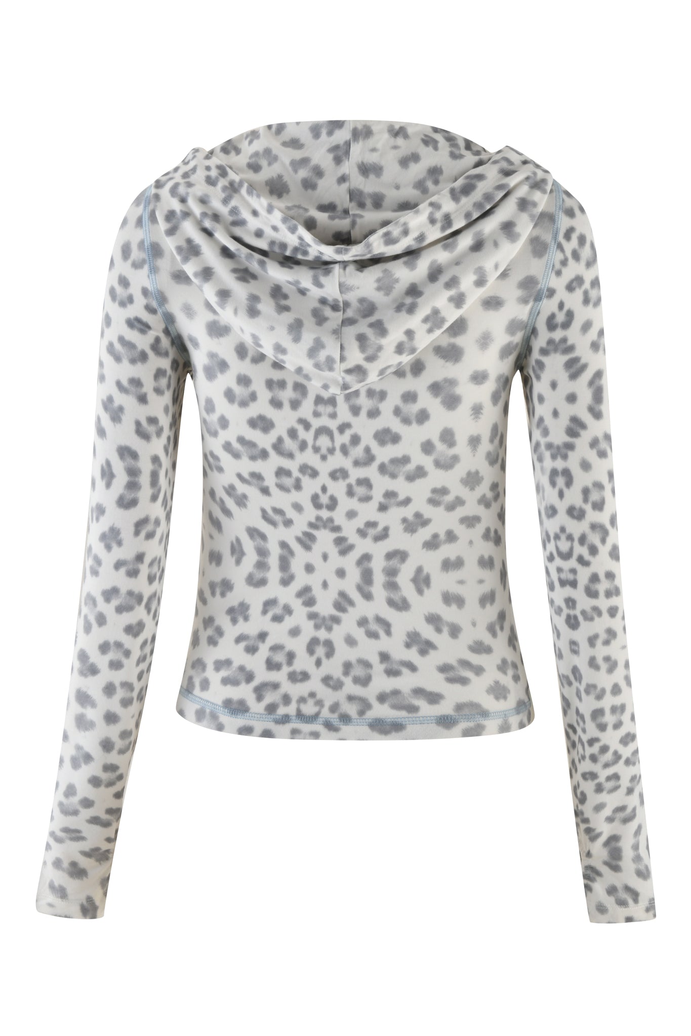 The BLARE HOODIE - SNOW LEOPARD : WINTER WILD CARD by I.AM.GIA boasts a long-sleeve bodycon fit with a chic gray and white snow leopard print. The soft fabric contours beautifully, shown here from the back against a plain white background.