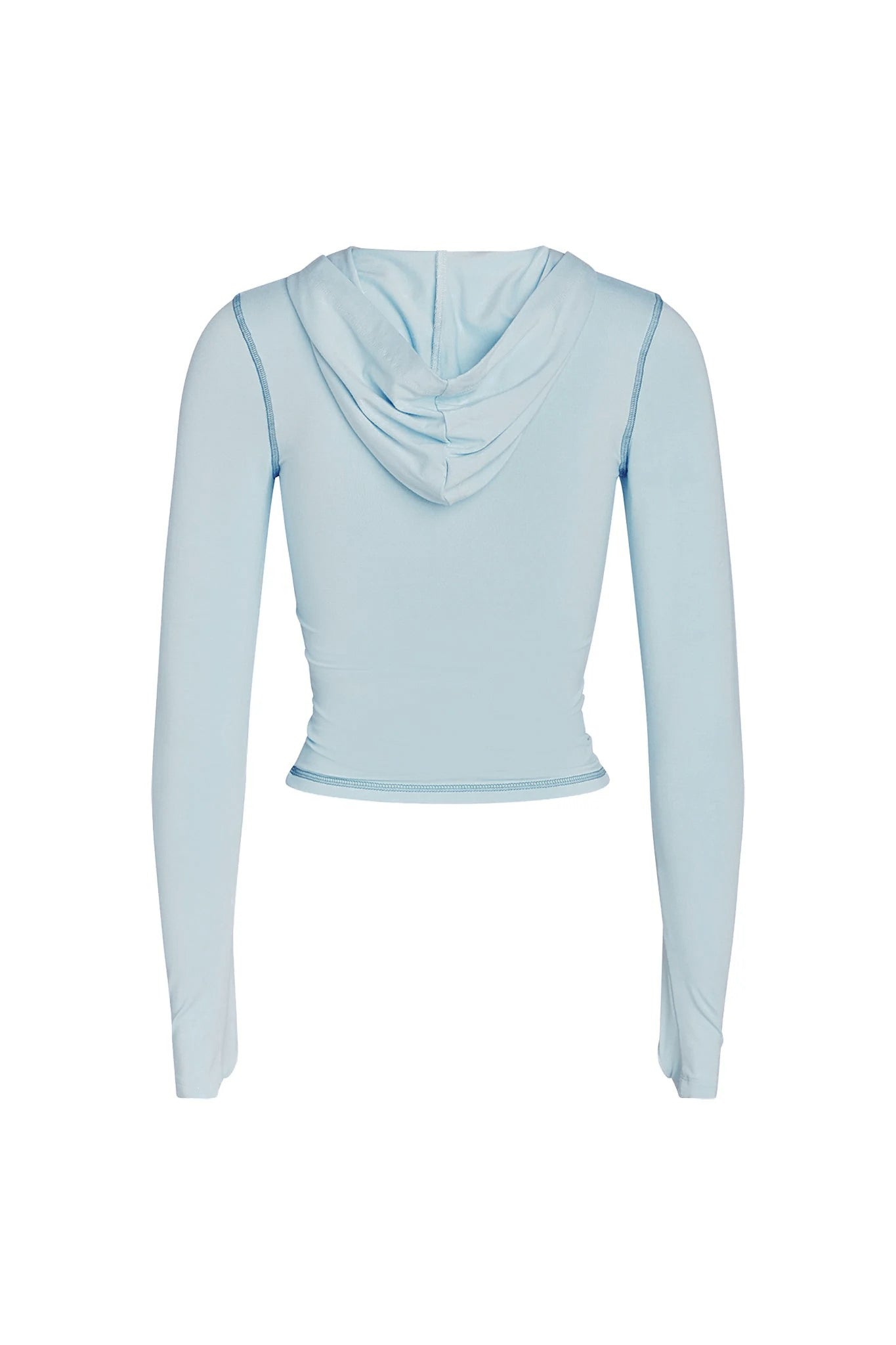 The I.AM.GIA BLARE HOODIE - BLUE is a baby blue, bodycon-fit hoodie with a slim-waisted design and visible seam stitching, shown from the back.
