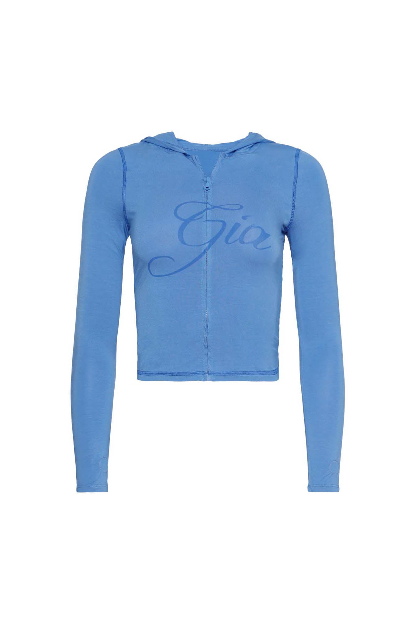The BLARE HOODIE - BLUE from I.AM.GIA is a blue, long-sleeve, hooded crop top featuring the word "Gia" written in cursive across the chest. Made from lightweight, semi-sheer fabric, this stylish piece includes a front zipper closure and is perfect for layering.