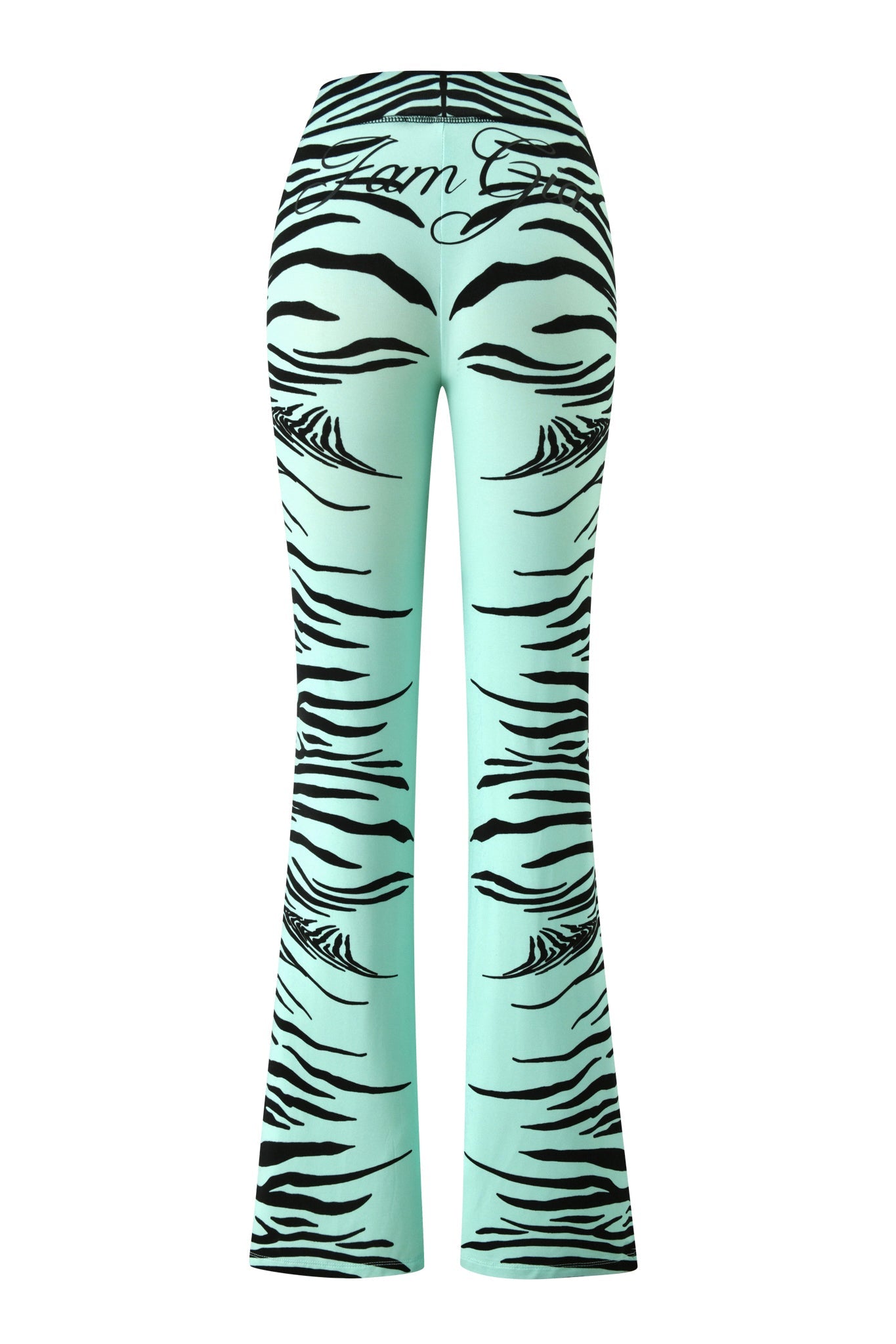 Make a statement in the I.AM.GIA BLARE TRACKPANT - AQUA FINE LINE ZEBRA, featuring a mint green, high-waisted flared leg with bold black zebra stripes and “I.AM.GIA” script across the waistband—shown here from the back for maximum impact.