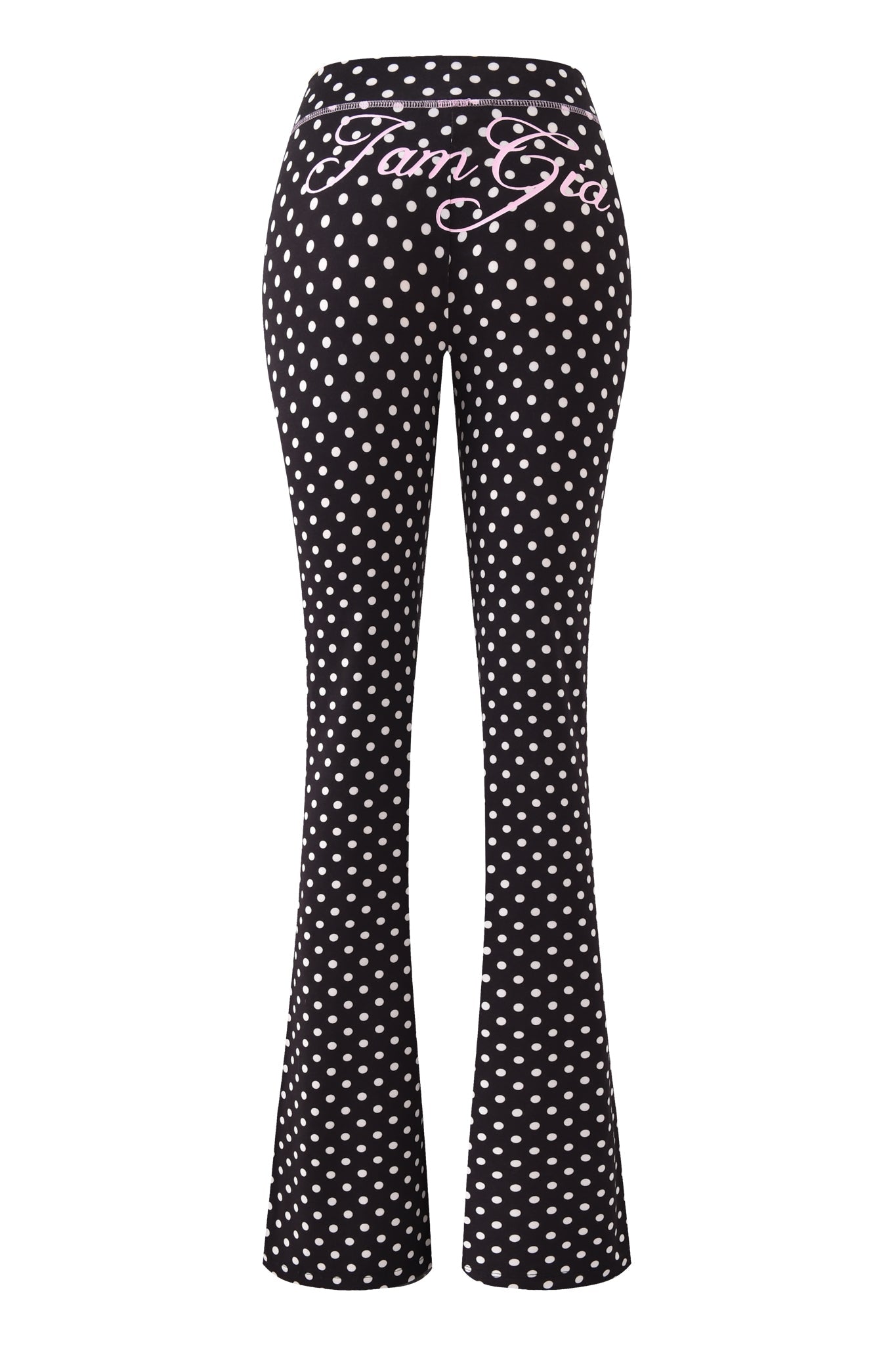 The BLARE TRACKPANT - BLACK POLKA DOT by I.AM.GIA features a flared leg, playful polka dot print, and "TanGa" in pink script on the back waistband.