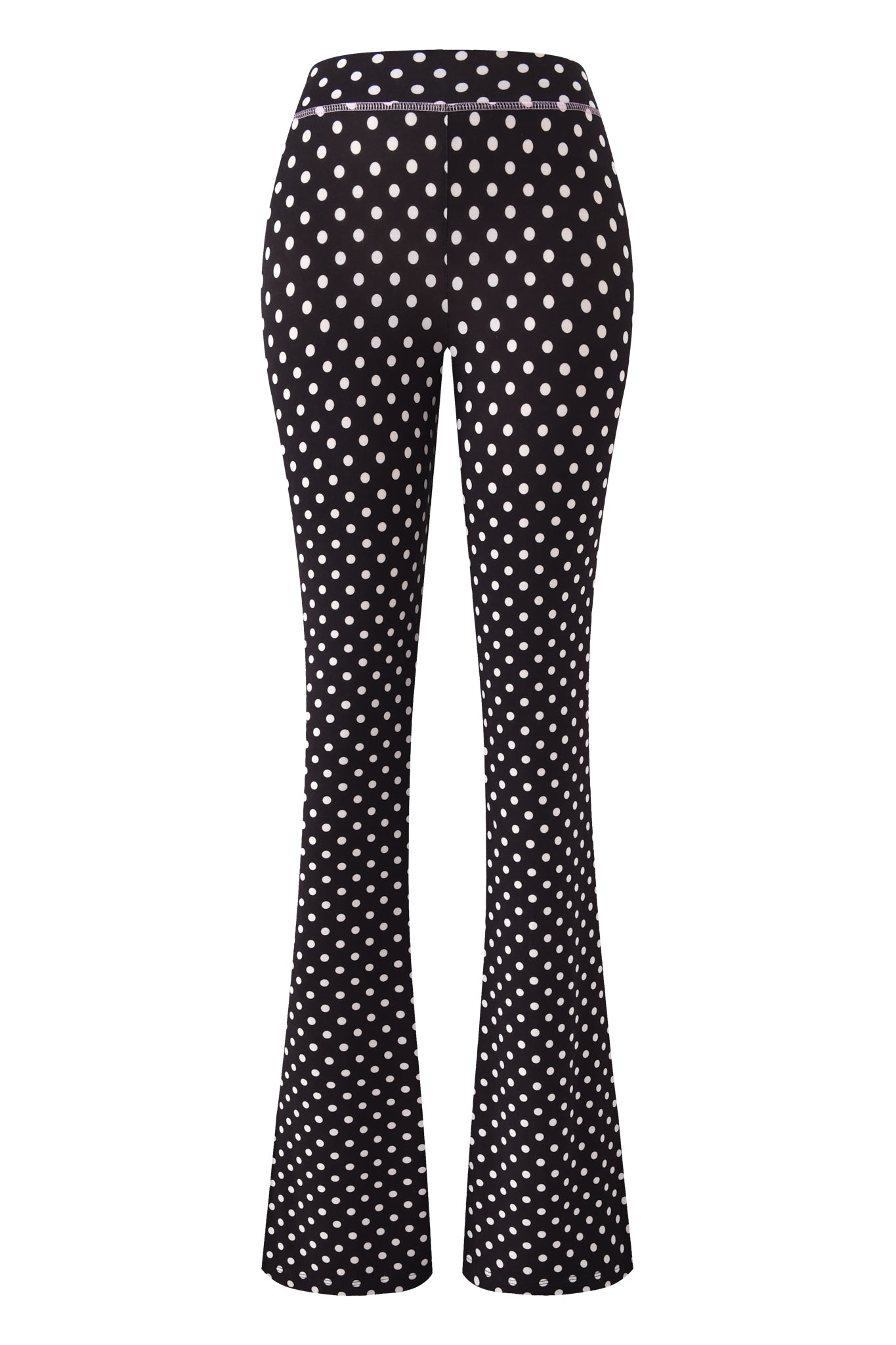 The BLARE TRACKPANT – BLACK POLKA DOT by I.AM.GIA features a white polka dot print, fitted waist and hips, and a flared leg, shown from the back for a chic, modern look.