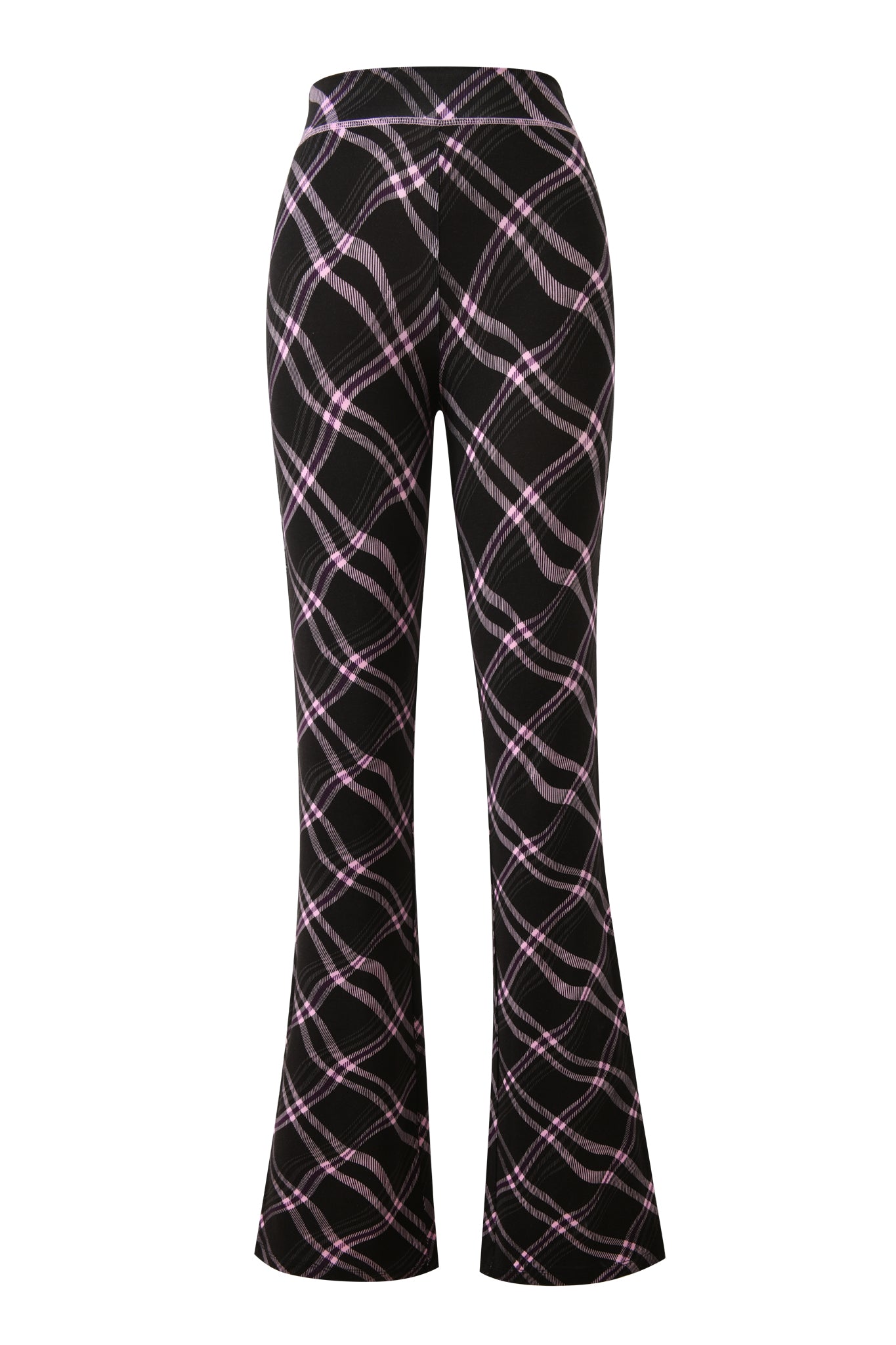 The I.AM.GIA BLARE TRACKPANT - BLACK WARPED PLAID features a high-waisted, flared silhouette with an all-over wavy purple and white plaid pattern, shown against a plain white background.