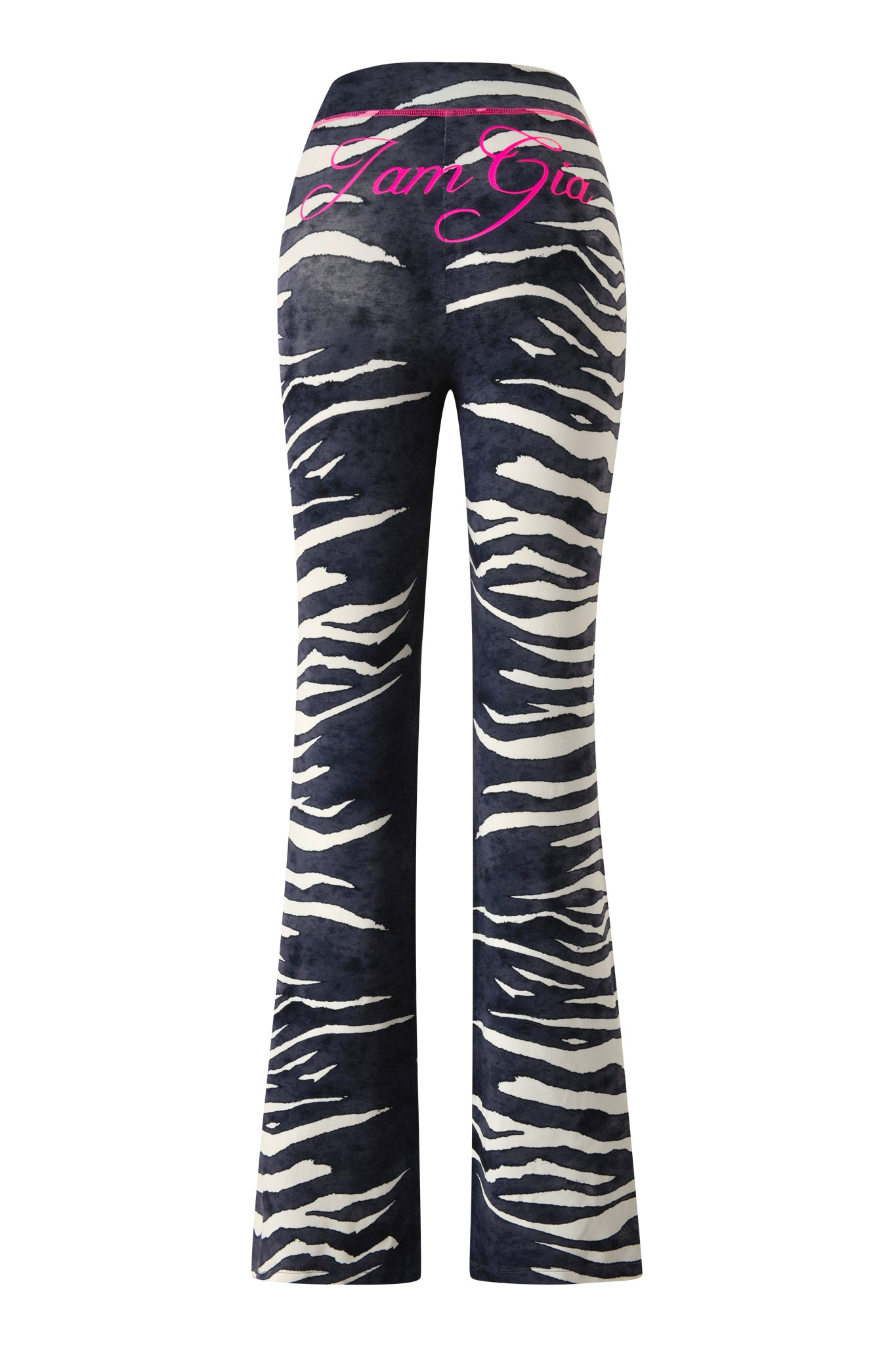 Experience the wild side with the BLARE TRACKPANT - BLACK WILD SIDE by I.AM.GIA, boasting a zebra print flair and bold “I am Gia” pink cursive branding across the back waistband.