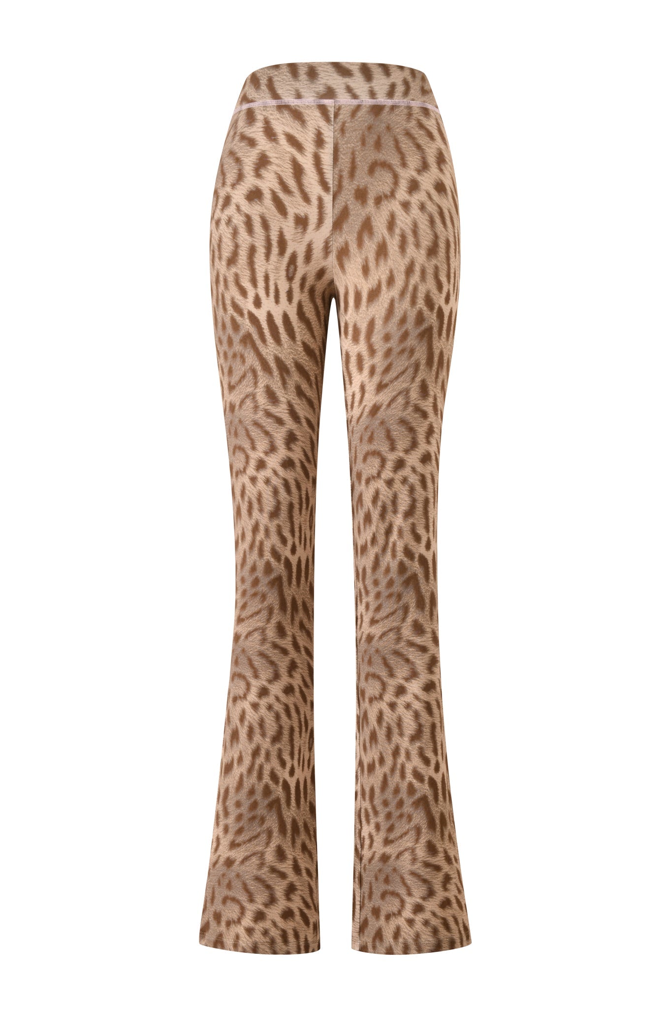 The I.AM.GIA BLARE TRACKPANT - BLAZE CHEETAH features a high-waisted, flared fit and an all-over light brown and beige leopard spot print, shown on a plain white background.