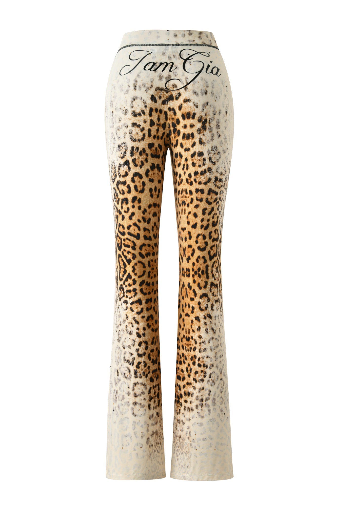 Introducing the BLARE TRACKPANT - CREAM FADED PANTHERA by I.AM.GIA, featuring a high-waisted, flared silhouette with a cream and brown panther-inspired print. The waistband showcases the I.AM.GIA logo in bold black cursive on a plain background. These pants are photographed isolated against a white backdrop.