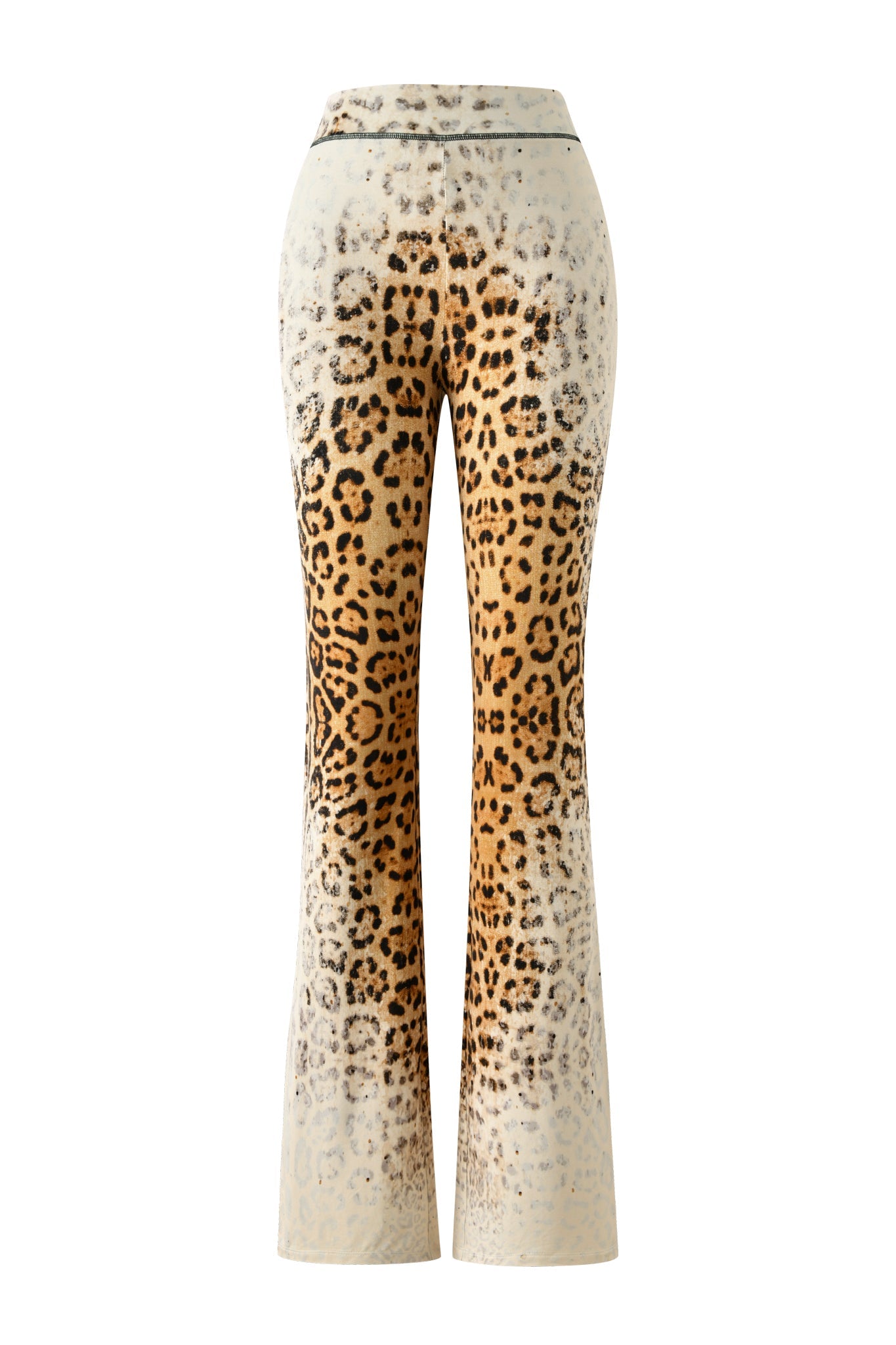 High-waisted, flared BLARE TRACKPANT in Cream Faded Panthera by I.AM.GIA, featuring a gradient cheetah print inspired by classic leopard patterns in tan, brown, and black tones, displayed against a white background.