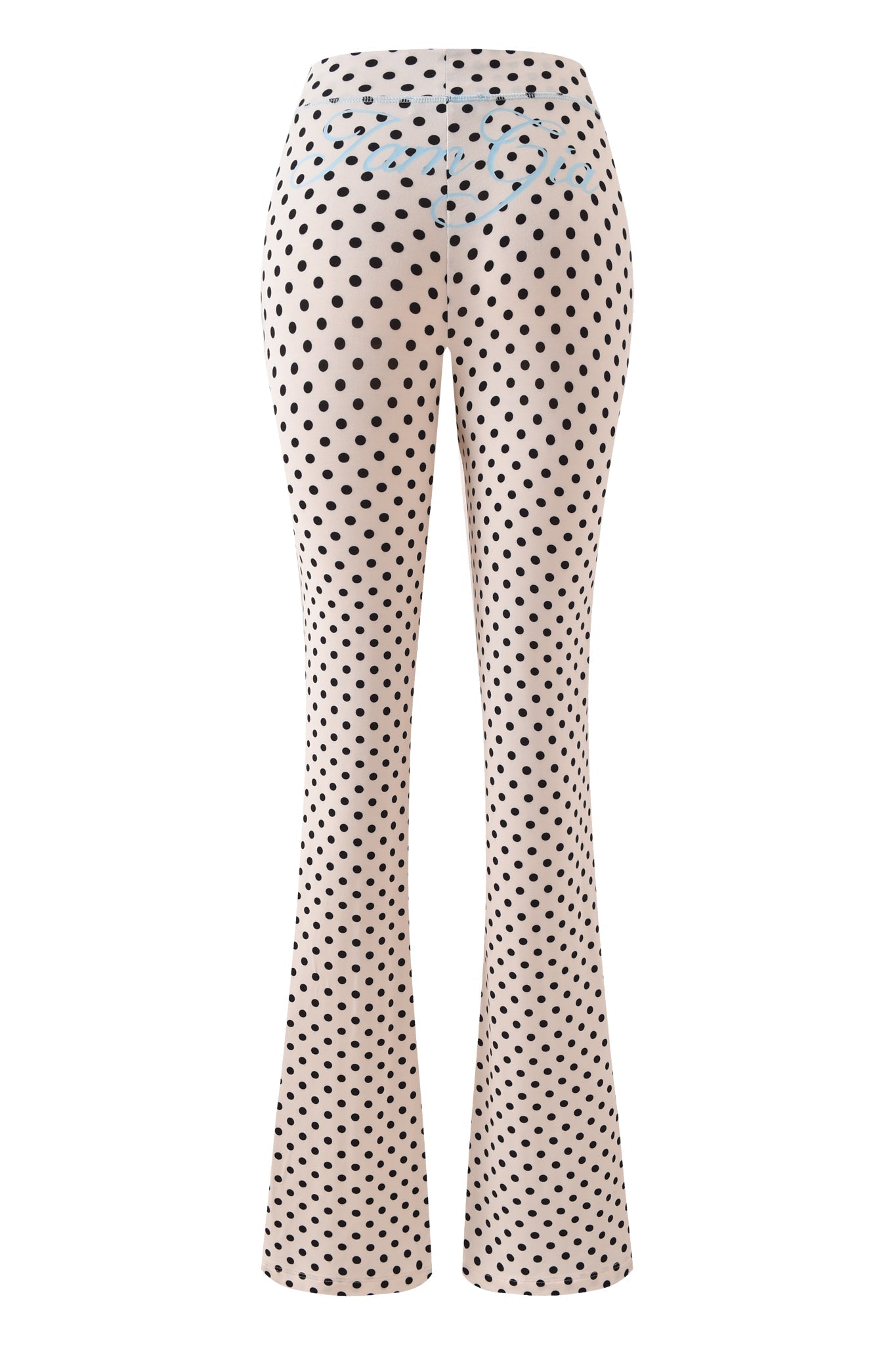 The I.AM.GIA BLARE TRACKPANT in Cream Polka Dot features a chic black polka dot print, a high waist, and flared legs. Shown from the back against a plain white background.