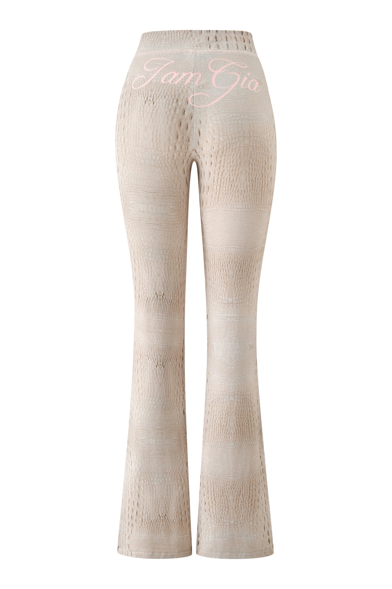 The BLARE TRACKPANT - HOT CROC by I.AM.GIA features a beige textured bamboo fabrication with a subtle snake-skin Hot Croc print and the “I.AM.GIA” logo in light pink script across the waistband.