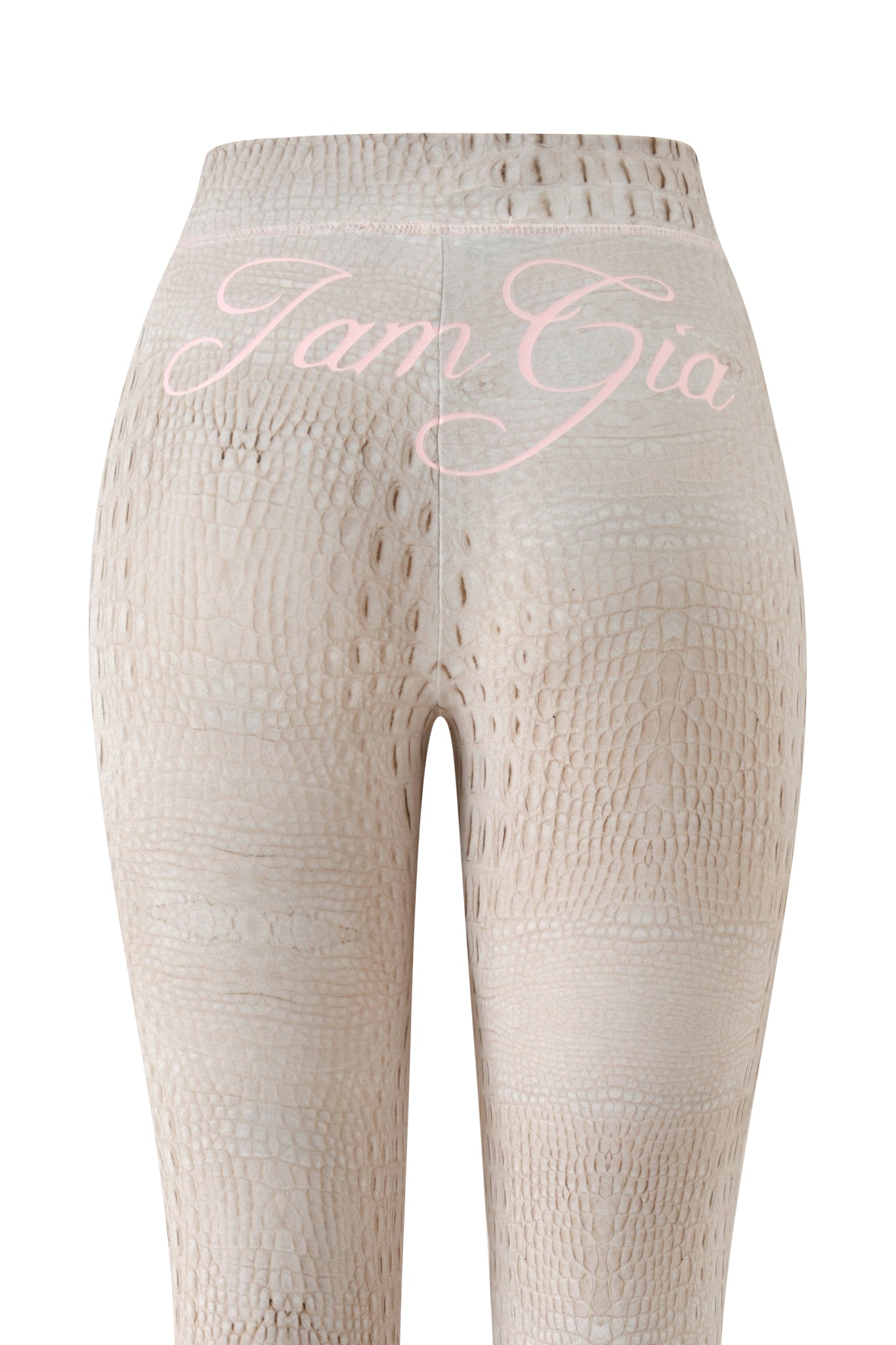 BLARE TRACKPANT - HOT CROC by I.AM.GIA, beige leggings featuring a hot croc print and “I.AM.GIA” written in light pink cursive across the waistband, shown on a white background.
