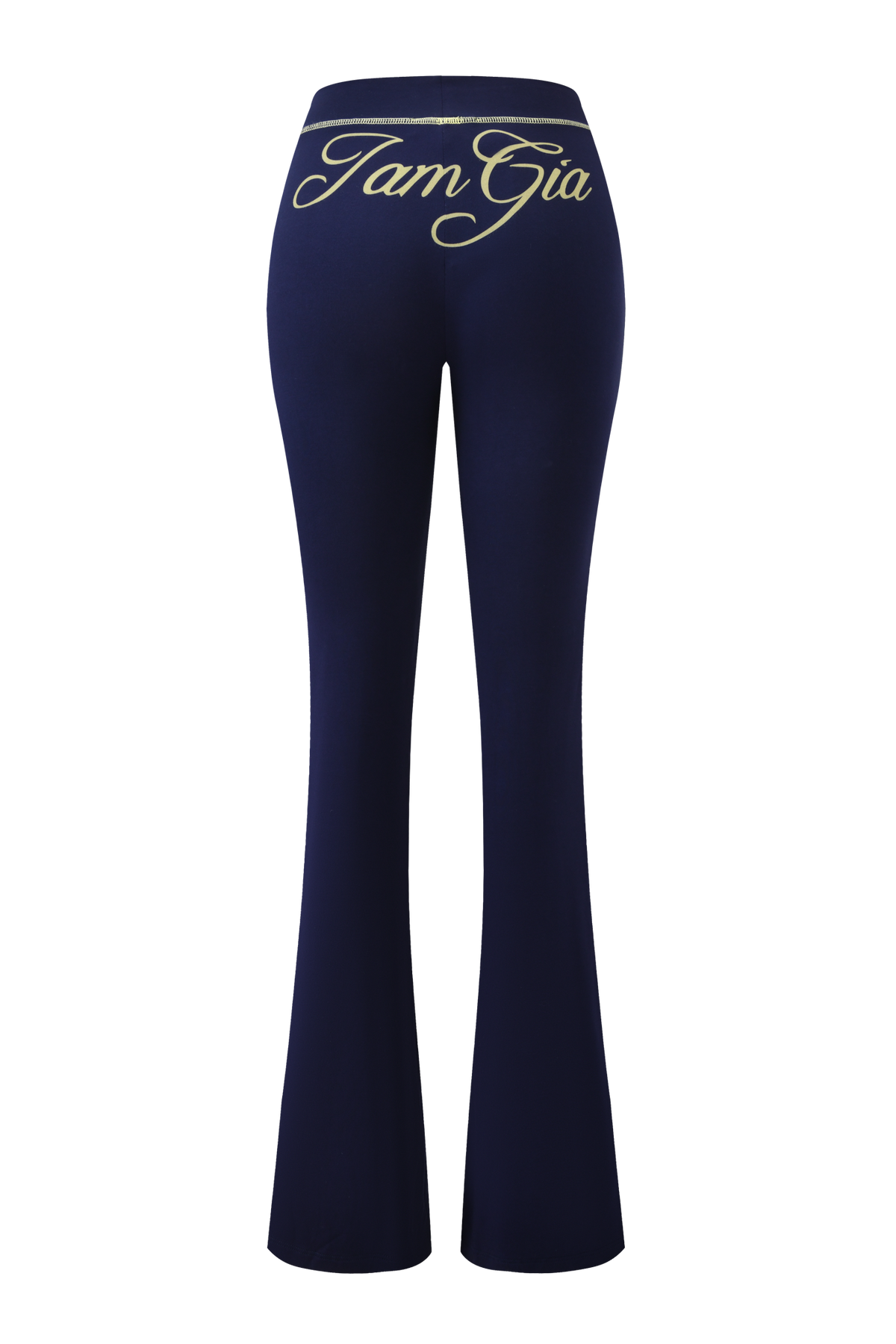 Navy blue BLARE TRACKPANT by I.AM.GIA shown from the back, featuring “Tam Già” in large gold script across the waistband. Crafted from soft bamboo fabric, these stylish flared pants offer maximum comfort and a modern silhouette.