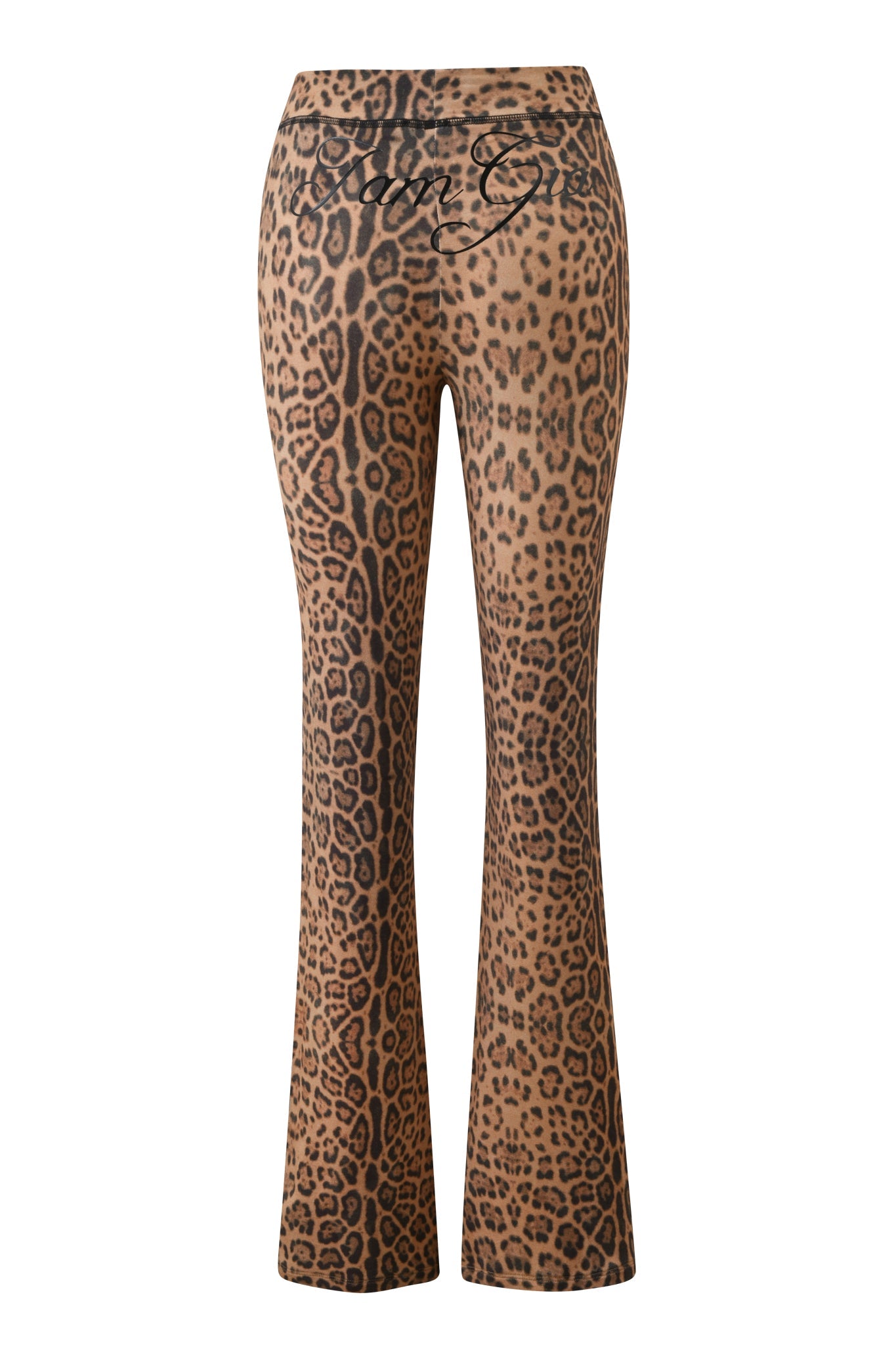 The I.AM.GIA BLARE TRACKPANT - PANTHERA features a brown and black cheetah print, high-waisted flared fit, and a black signature-style graphic near the back waistband.