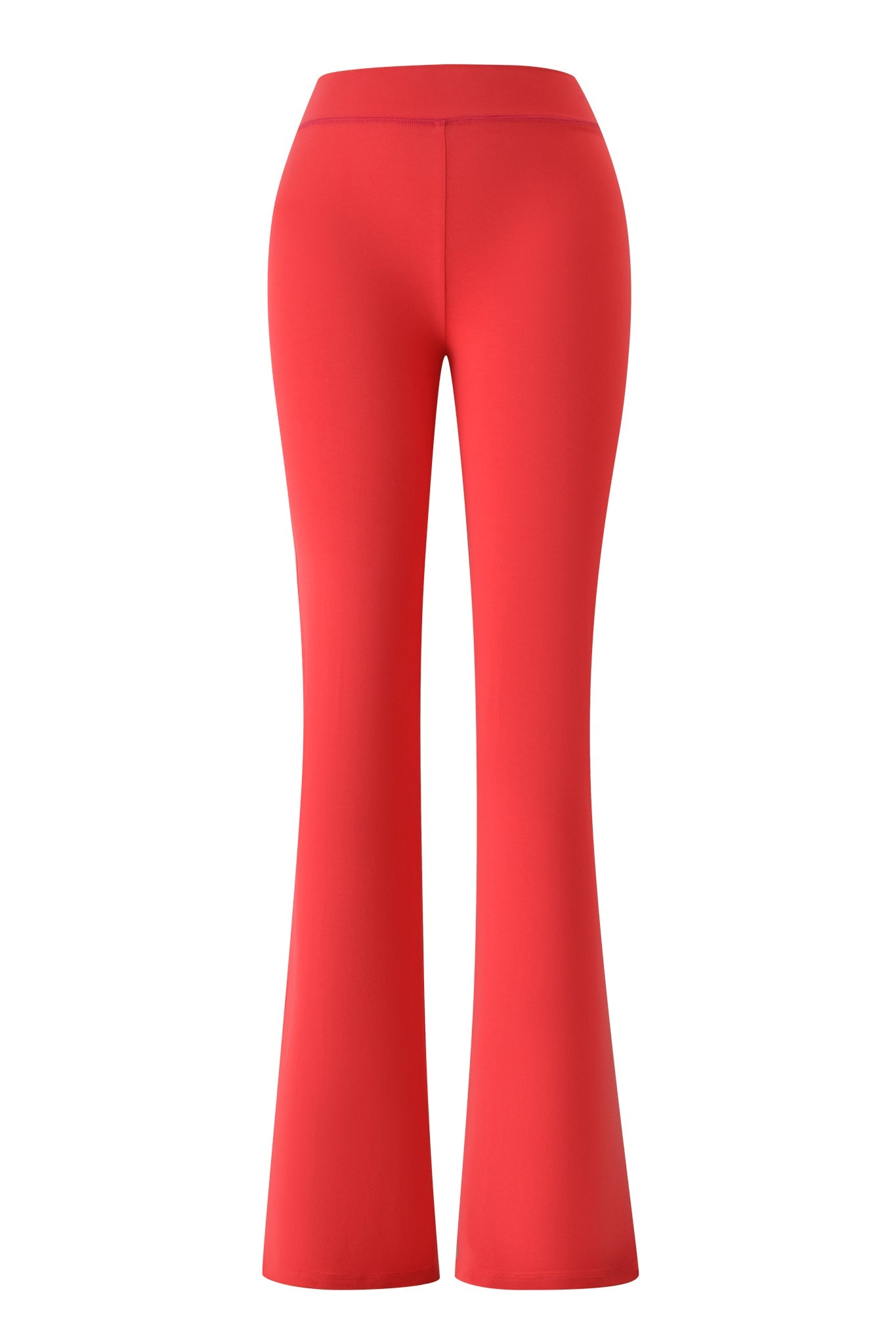 The BLARE TRACKPANT - PAPAYA by I.AM.GIA features a flared leg and smooth fabric, shown from the back against a white background. Designed to fit at the hips and thighs, the silhouette widens below the knees for a bold look.