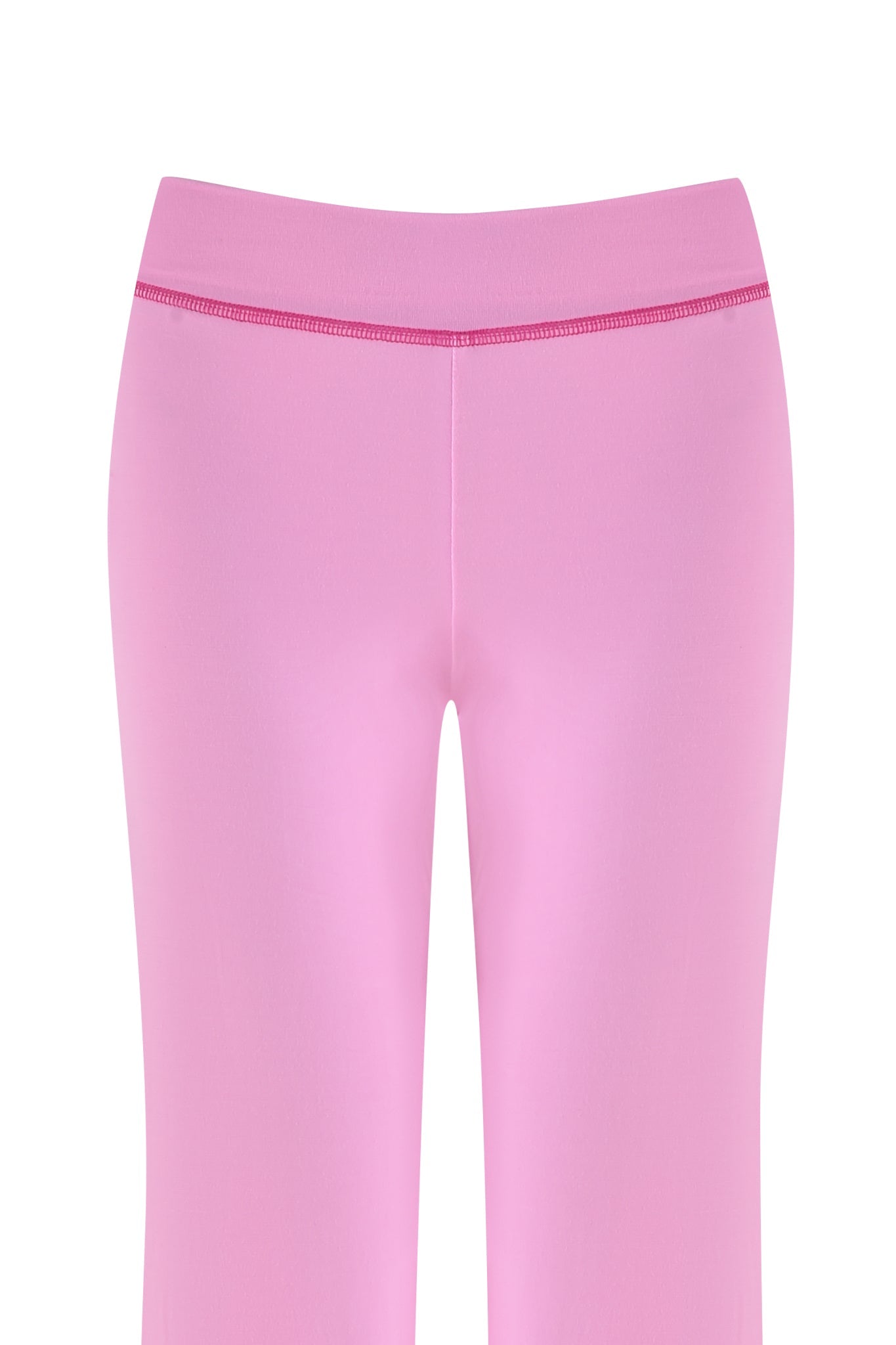 The BLARE TRACKPANT - PINK : BUBBLEGUM by I.AM.GIA features high-waisted, fitted pants with a seamless waistband and straight cut. The smooth, slightly stretchy fabric provides a sleek look, perfect for adding polish against a white background.